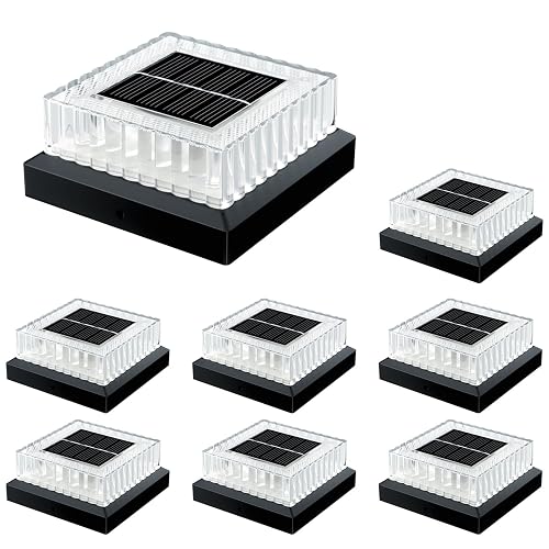 Hiromeco 4x4 Solar Post Cap Lights: 8 Pack Fence Post Lights Outdoor 3000K with Clear Lampshade, IP65 Waterproof 10-12H Lasting and Easy Install