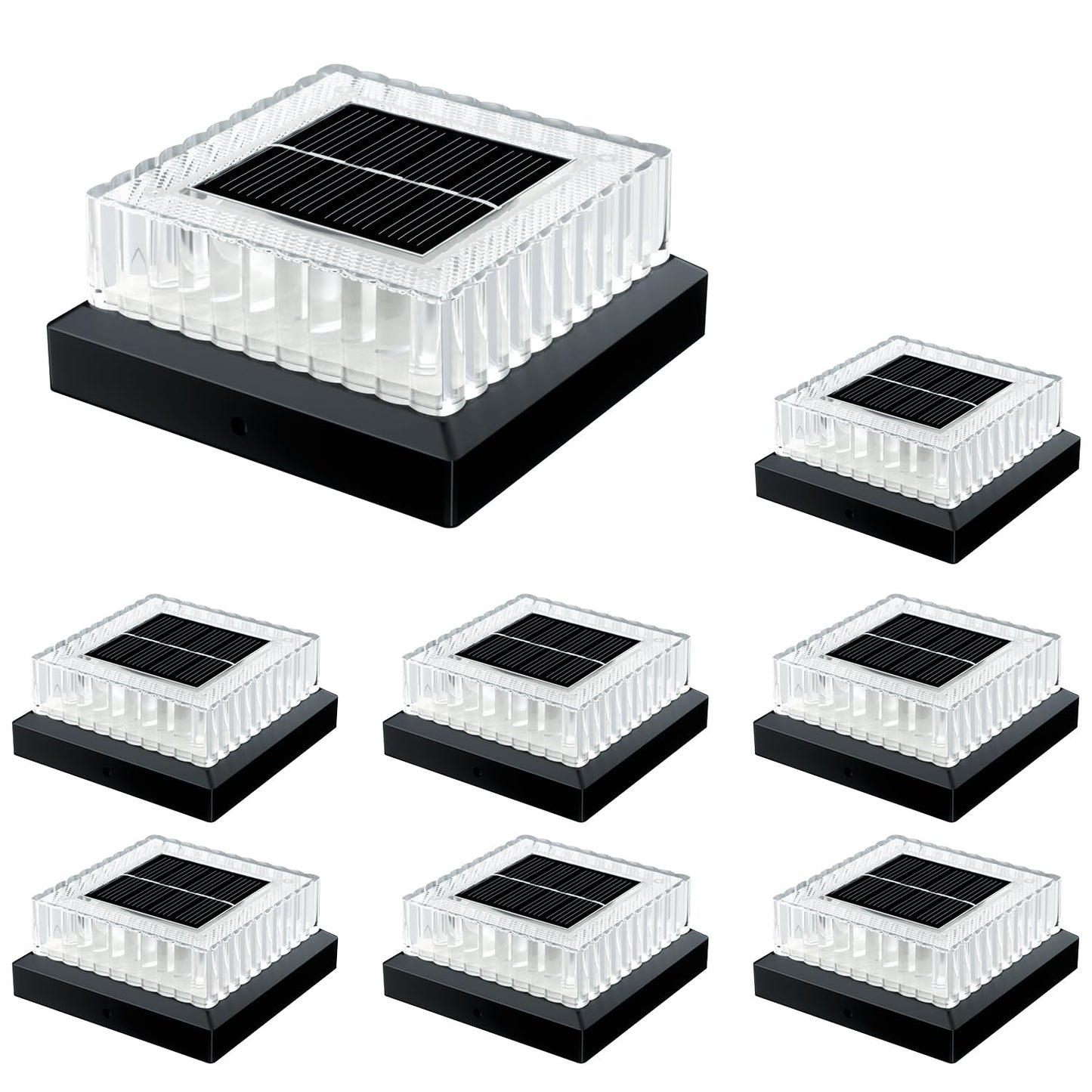 Hiromeco 4x4 Solar Post Cap Lights: 8 Pack Fence Post Lights Outdoor 3000K with Clear Lampshade, IP65 Waterproof 10-12H Lasting and Easy Install