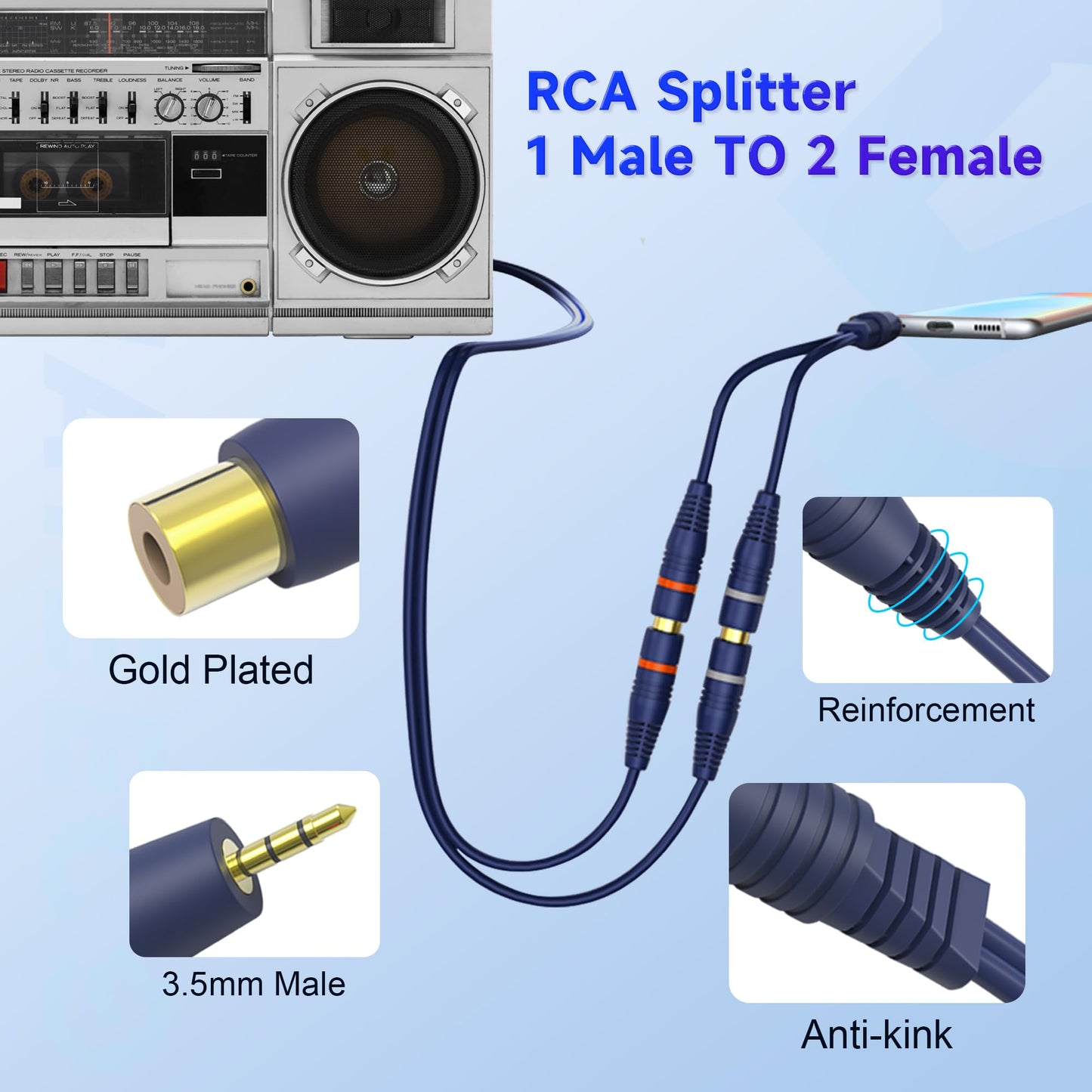 YIMATEECO RCA to AUX Adapter, 3.5mm to RCA Y Cable 1 Male to 2 Female Jack Stereo Y Adapter Auxiliary Cord for Subwoofer, Speaker, AMP, Turntable