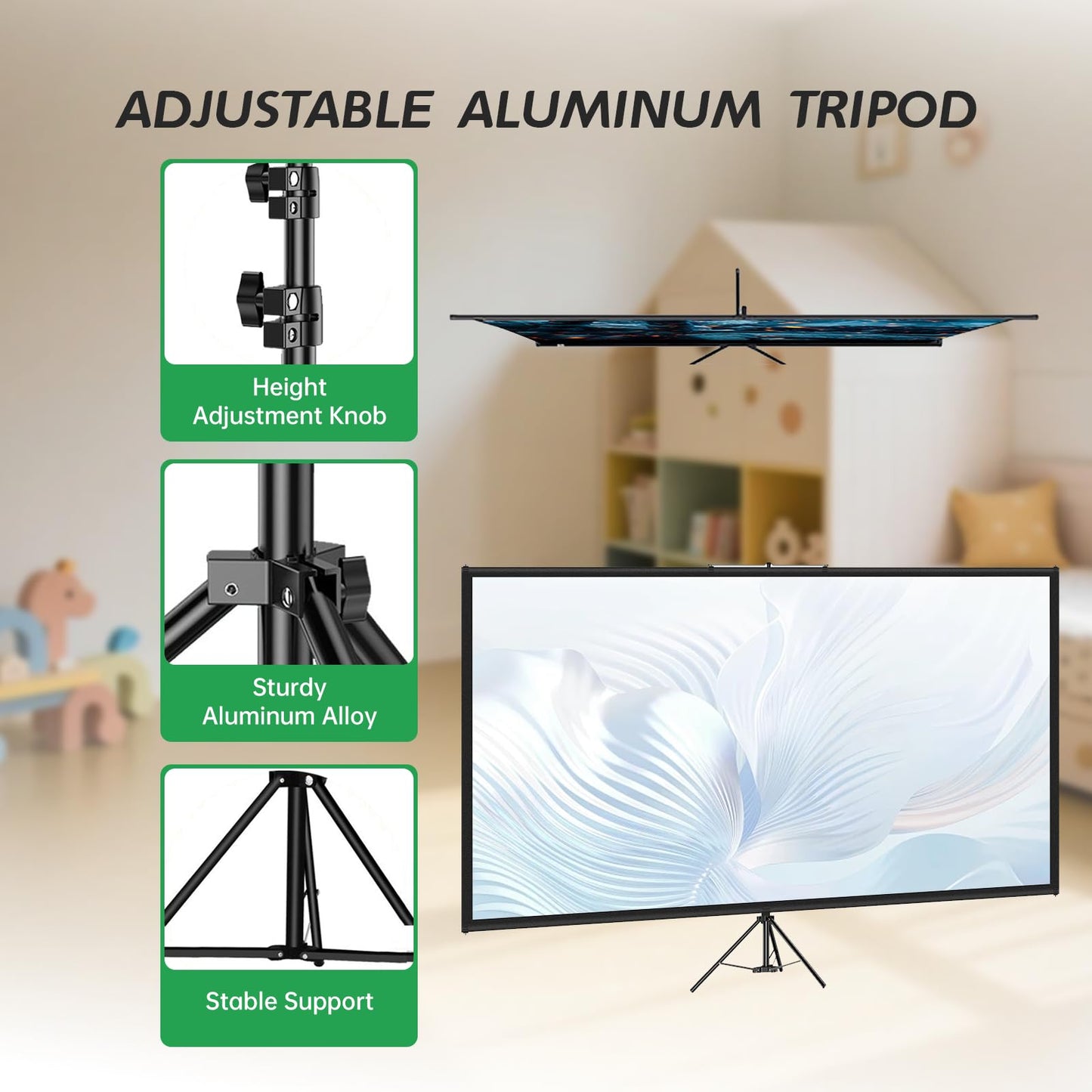 Tripod Projector Screen with Stand 90 inch 16:9 4K HD Projection Screen Stand Wrinkle-Free Height Adjustable Portable Screen for Projector Indoor