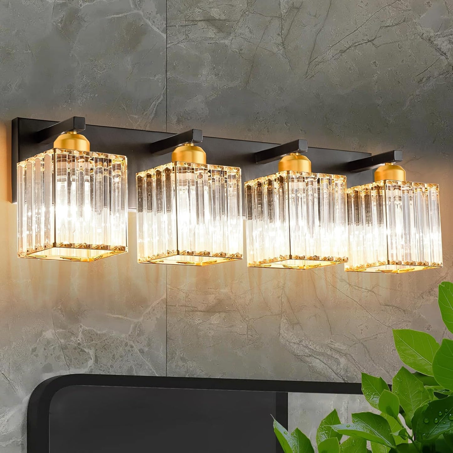 Bathroom Vanity Light Fixtures Over Mirror 4 Crystal Lights - Makeup Lighting Black Gold - for Modern Wall, Bath, Desk, Farmhouse, Hallway