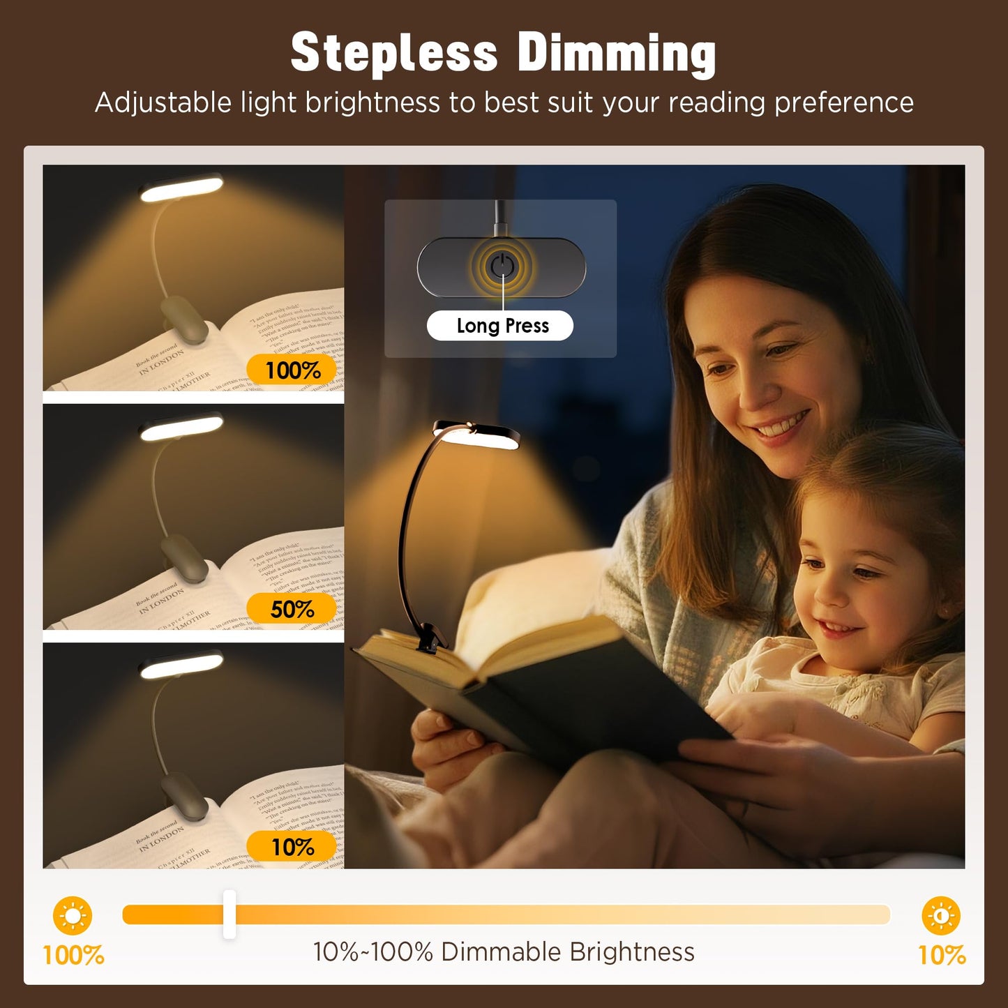 Yollber Clip-On Book Light for Reading at Night -Rechargeable 14 LEDs with 3 Color Modes & Stepless Dimming Brightness, Eye-Care, USB-C Charging