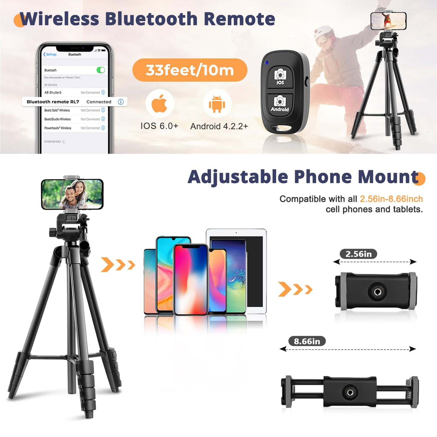 65” Phone&Tablet Tripod, Aureday Cell Phone Tripod for iPhone with Wireless Remote and Phone Holder, Extendable Stand for iPad, Suit for Video