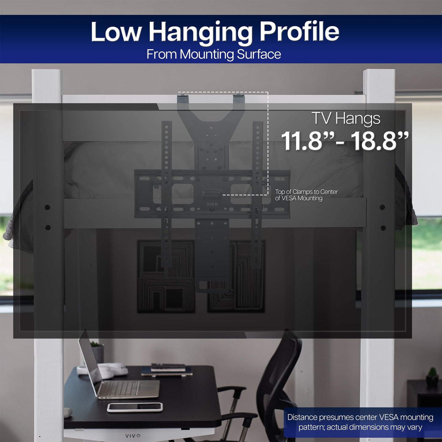 VIVO TV Hanger Bracket for 42 to 75 inch Flat and Curved Screens, Light Weight Steel Design, Height Adjustable Cross Bar, Loft Bed, Thin Door TV