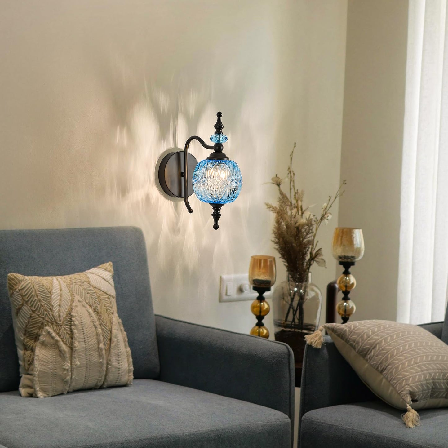 TLOLGT Vintage Wall Sconces with Black Finish Bathroom Blue Wall Light Fixtures with Crystal Glass Shade for Bedroom Living Room Kitchen Hallway