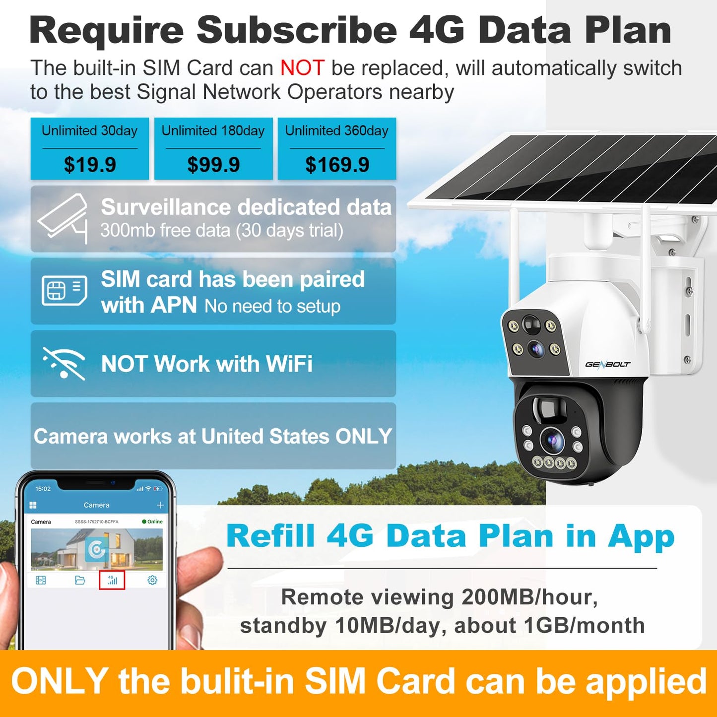GENBOLT 3G/4G LTE Cellular Solar Security Camera Outdoor Wireless, 8W 15600mAh Battery Operated Surveillance IP Camera No WiFi, Dual Lens Spotlight