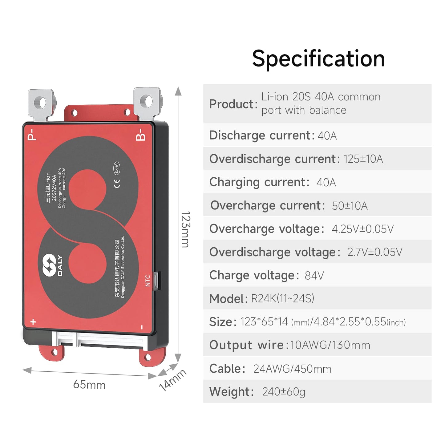 DALY 3S-24S BMS 15A to 200A Protection Board with Balance Wire and Temperature Sensor for Lithium Battery Pack(LifePO4 20S 60V,40A)