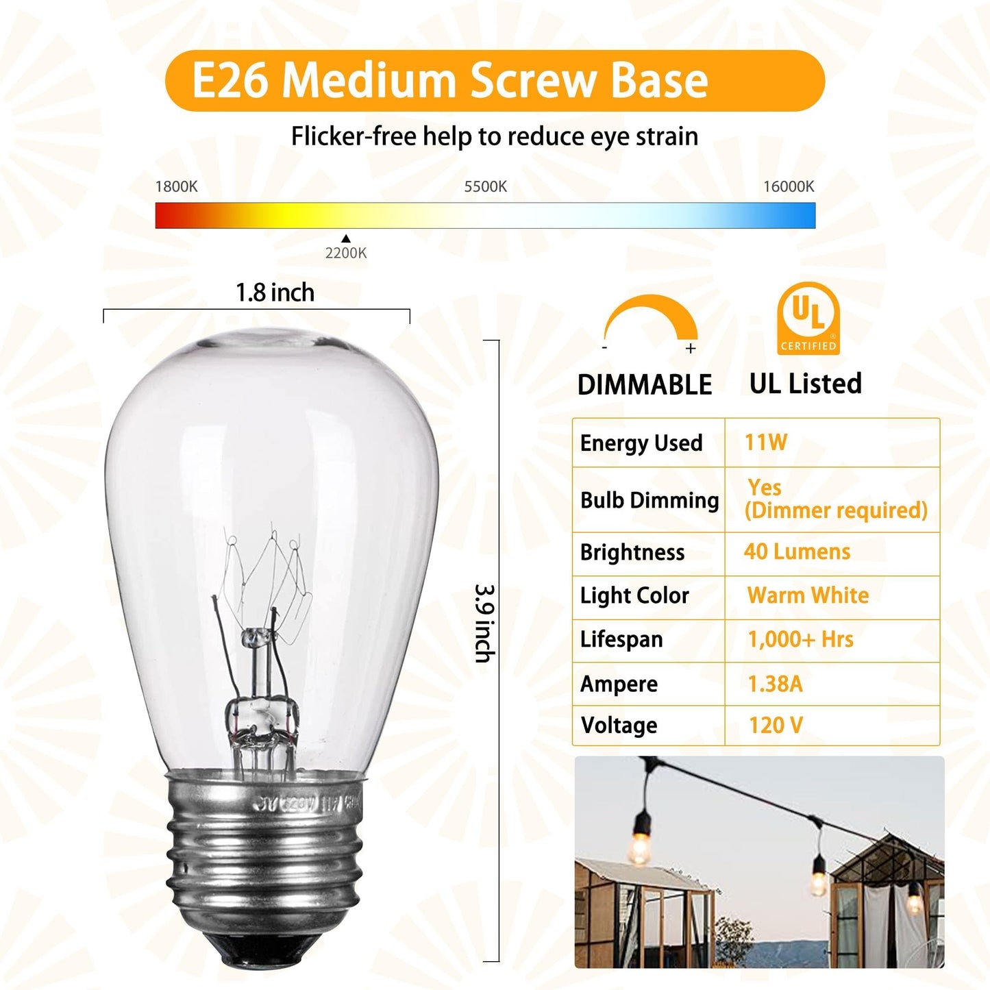Minetom S14 Incandescent Edison Light Bulbs, 20 Pack 11W, Warm White
