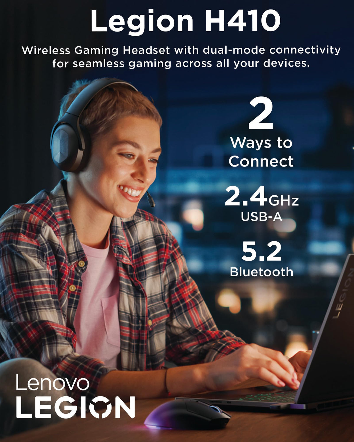 Lenovo Legion H410 Wireless Gaming Headset, Bluetooth or 2.4 GHz USB-A Connection, Lightweight (304 Grams), Adjustable Headband, Flip to Mute Mic
