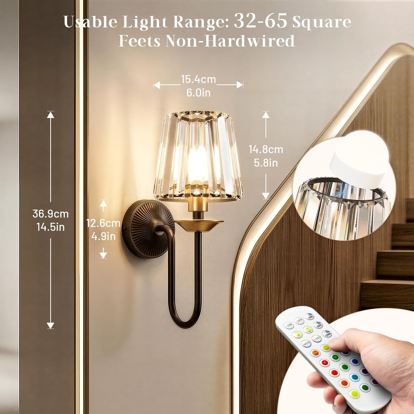 KernLite Black and Gold Battery Operated Wall Sconces Set of Two, Crystal Wireless Rechargeable Wall Lights with Remote, Dimmable 3 CCT and 12 RGB
