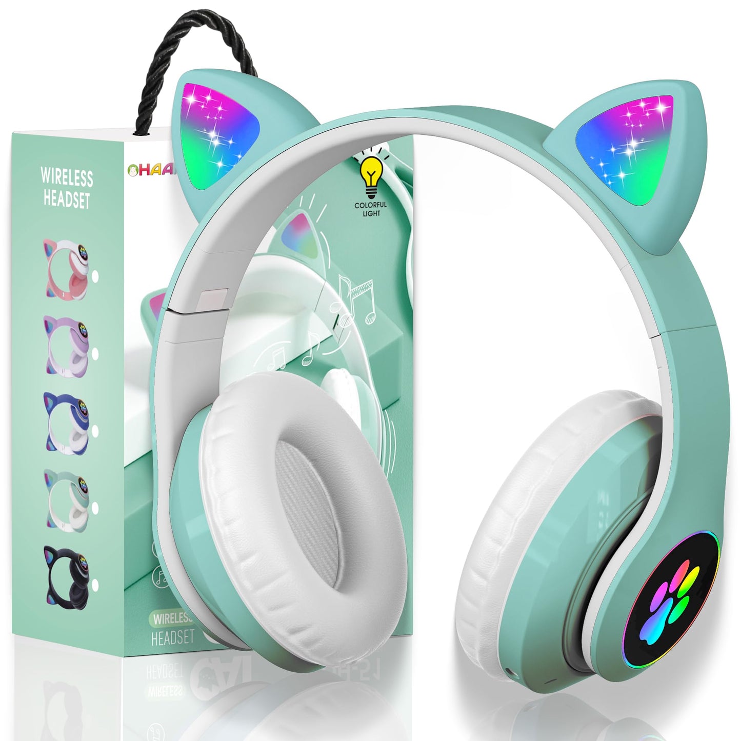 KERHAND Cat Ear Bluetooth Kids Headphones, LED Lights, Foldable, Green