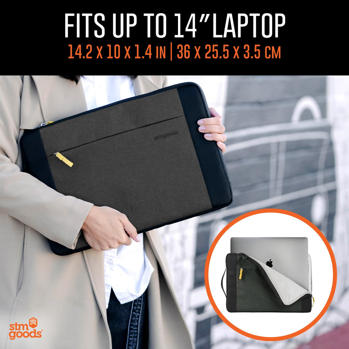 STM Kin Laptop Sleeve - Slim & Lightweight, Fleece-Lined Interior, 4mm EVA Shock Absorption, Zippered Storage Pocket, Retractable Handle, Stylish