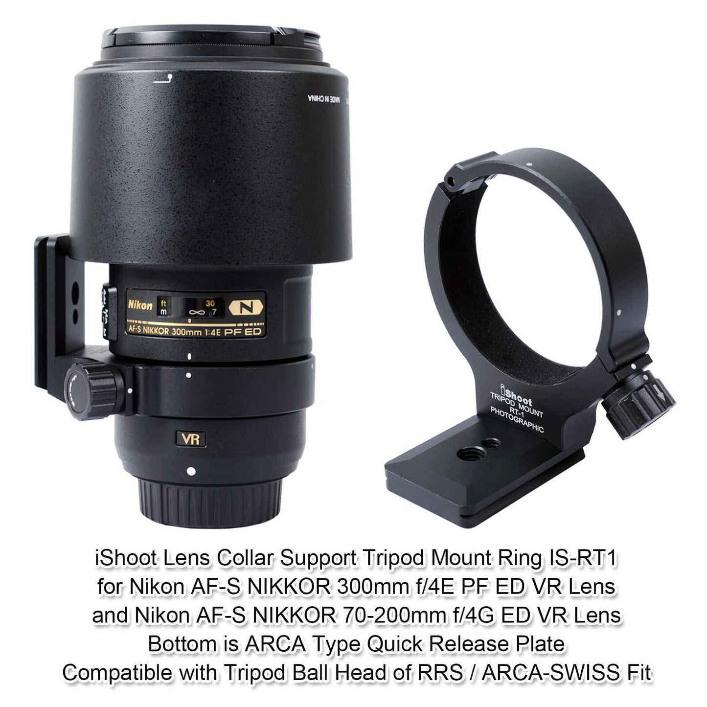 iShoot Improved Lens Collar Tripod Mount Ring for Nikon RT-1 Nikkor AF-S 300mm F/4E PF ED VR & AF-S 70-200mm F/4G ED VR, Bottom Quick Release Plate