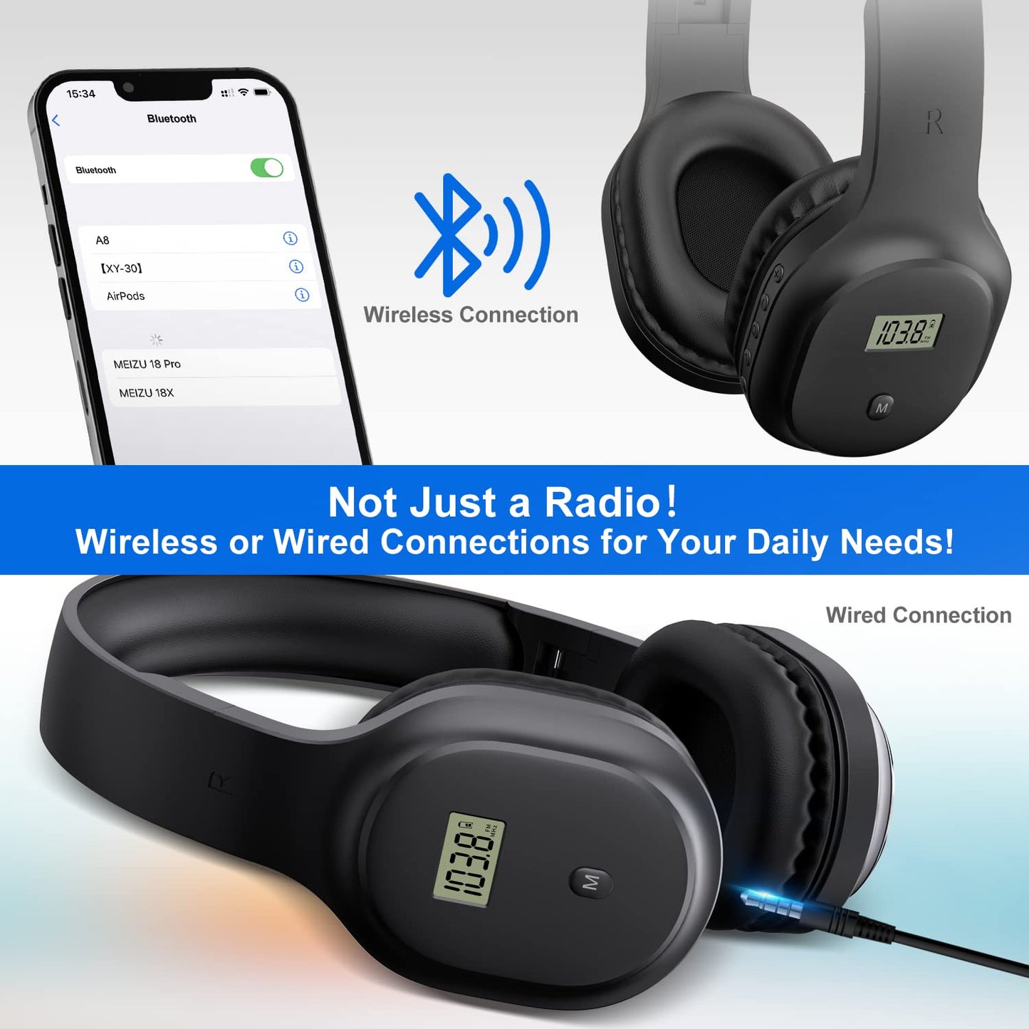 UMUTOO Wireless Headphones with FM Radio and Bluetooth 5.0, Rechargeable Portable Headset with Built-in Microphone, Lightweight and Comfortable Ear…