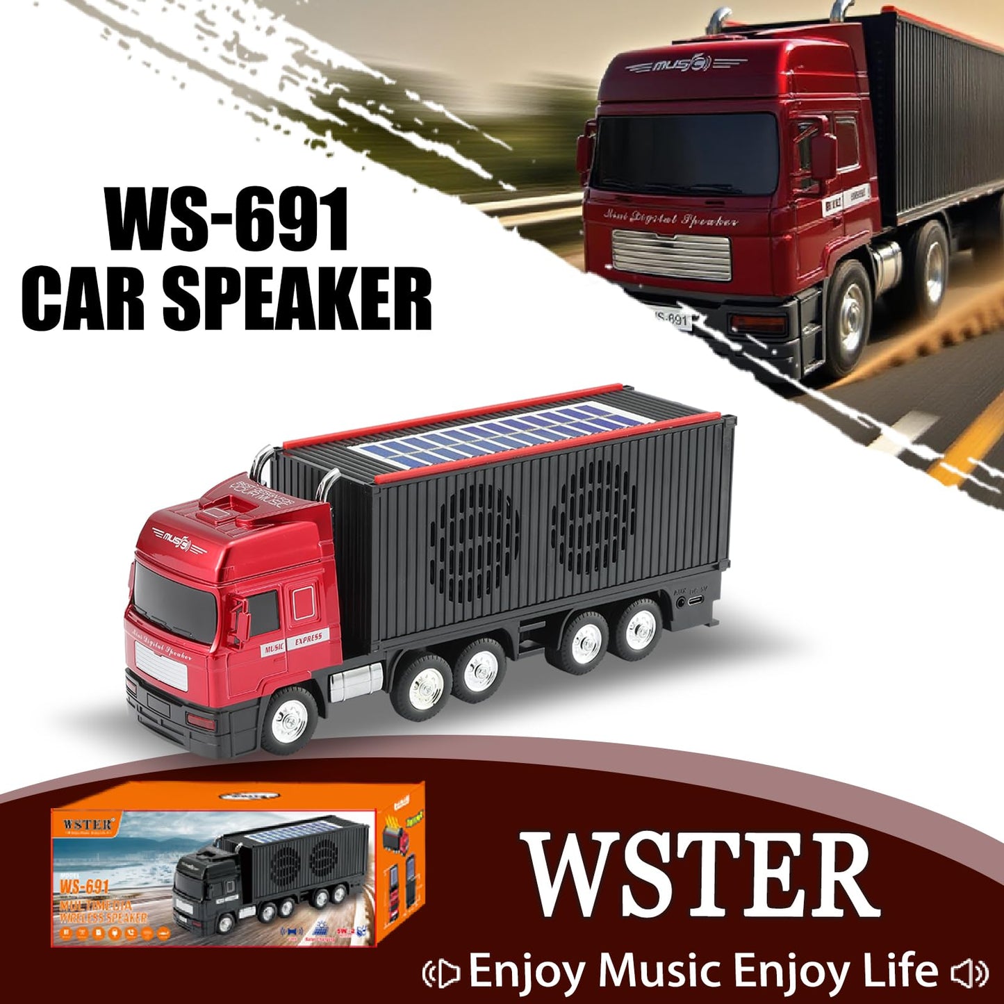 WSTER WS-691 Solar Cool Truck Bluetooth Replica Speaker, Portable Car Bluetooth Speaker with HD Sound, TWS Pairing, FM Radio, USB/TF Playback, LED