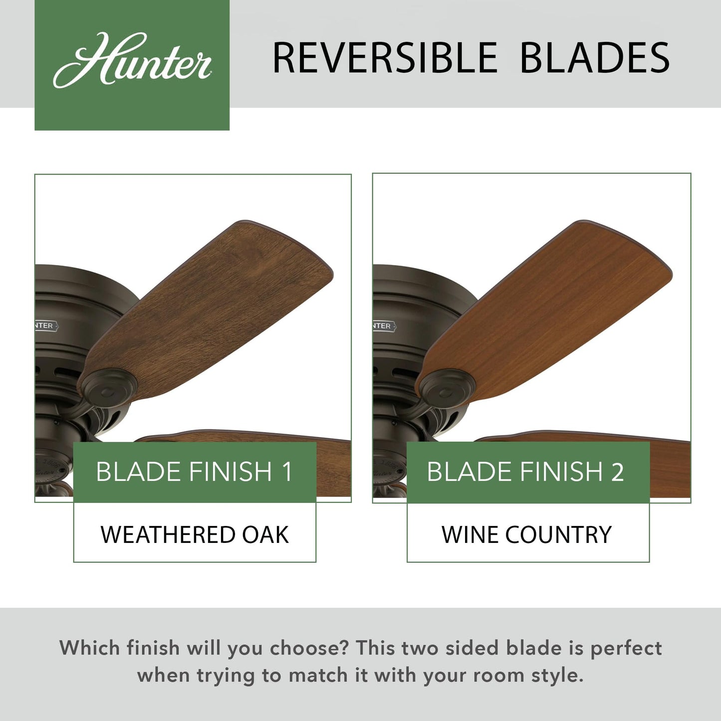 Hunter Fan 42in New Bronze Finish Low Profile Ceiling Fan with Reversible Weathered Oak / Wine Country Blades (Renewed)