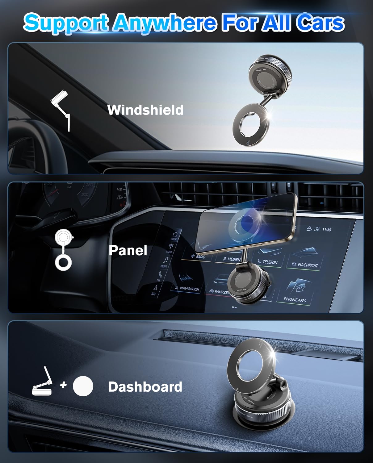 SOAMOEU Vacuum Suction Magnetic Phone Holder, 2025 Upgraded Magnetic Car Phone Mount for Magsafe, 360°Adjustable Foldable Portable Suction Cup Phone
