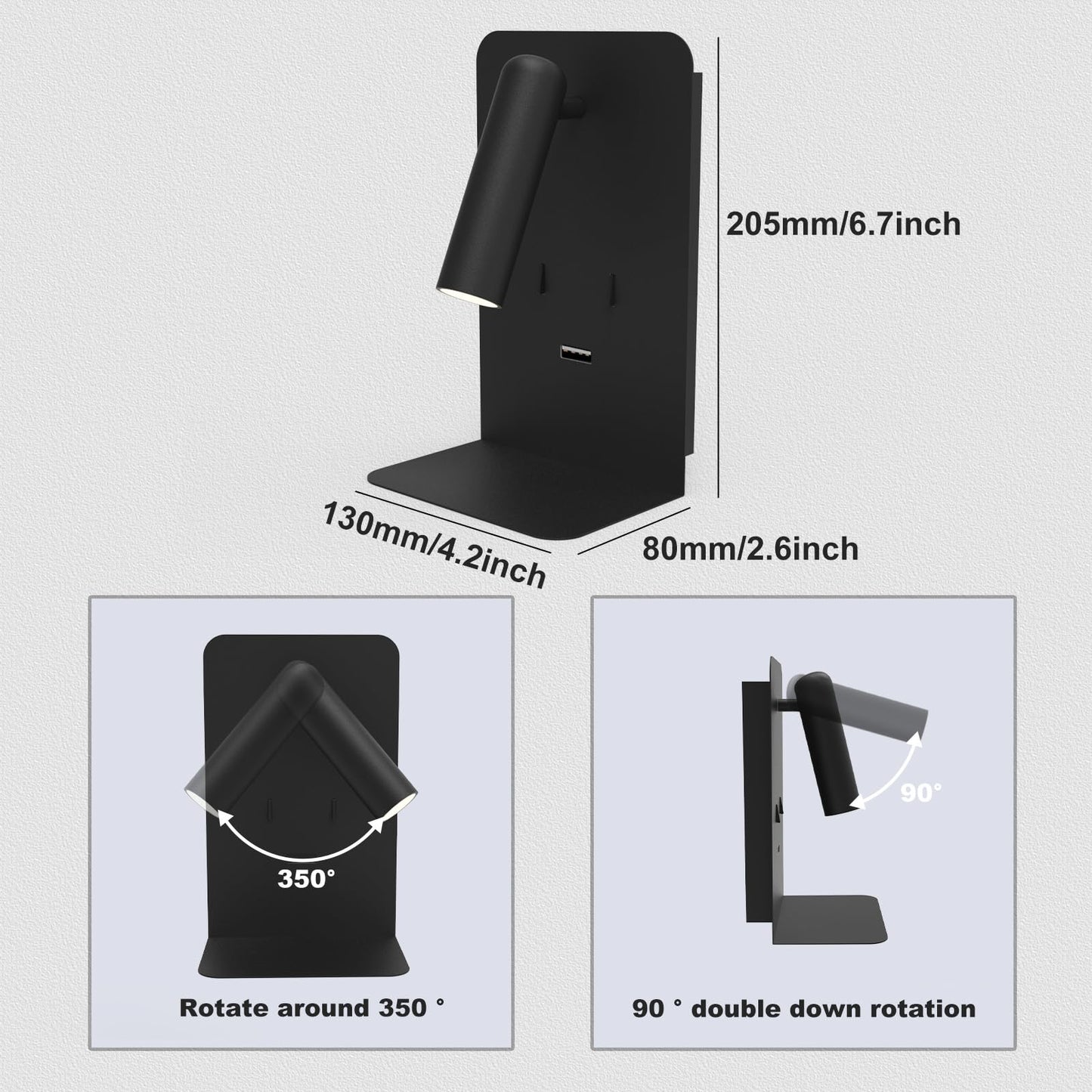 ZEROUNO Plug in Wall Sconce with Switch LED Bedside Lamp Bedroom Wall Mounted Reading Light with USB Port Wall Lighting 3000K?Black?