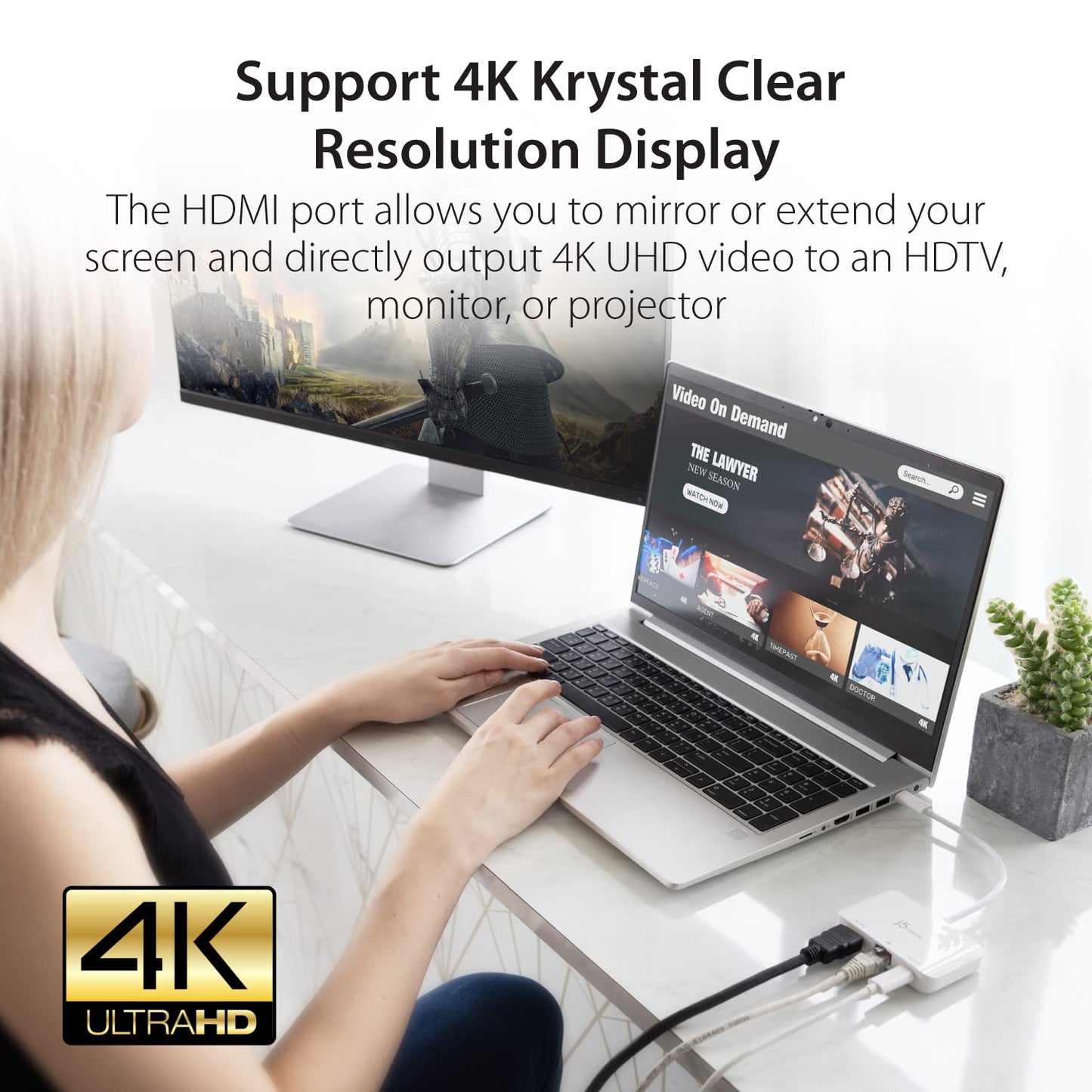 j5create USB Type C to 4K HDMI and Gigabit Ethernet with PD 100W Pass-Through Charging, for MacBook Pro, MacBook Air, Chromebook, Surface Pro, iPad