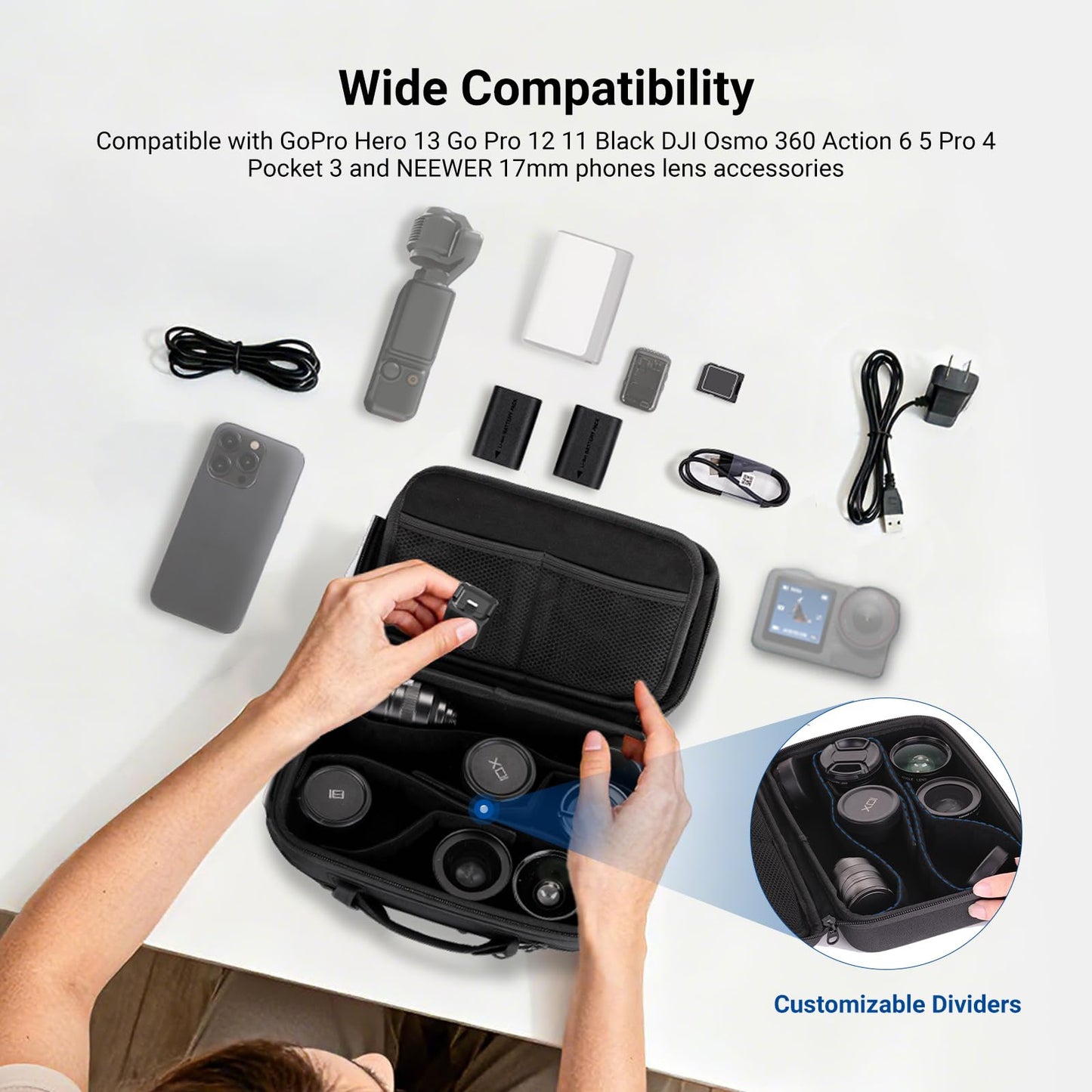 NEEWER Carrying Case for Action Camera & Accessories, Splashproof Protective Storage Bag with DIY Dividers & Mesh Pockets Compatible with GoPro DJI