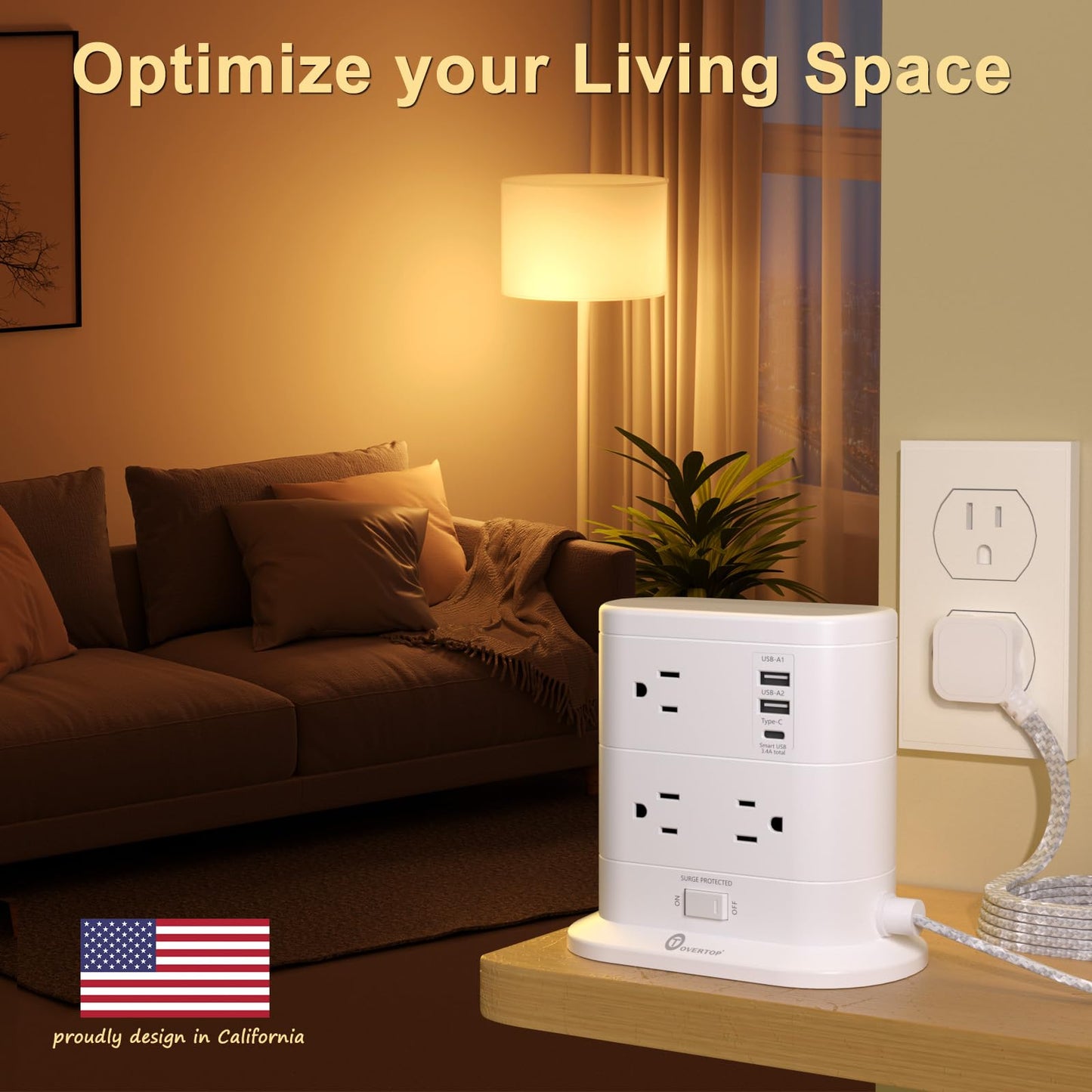 Overtop Tower Power Strip with Surge Protection, Nightlight Flat Plug Power Strip with 7 AC Outlets 3 USB Ports, 1625W/13A 1600J, 6.5Ft Extension Cord