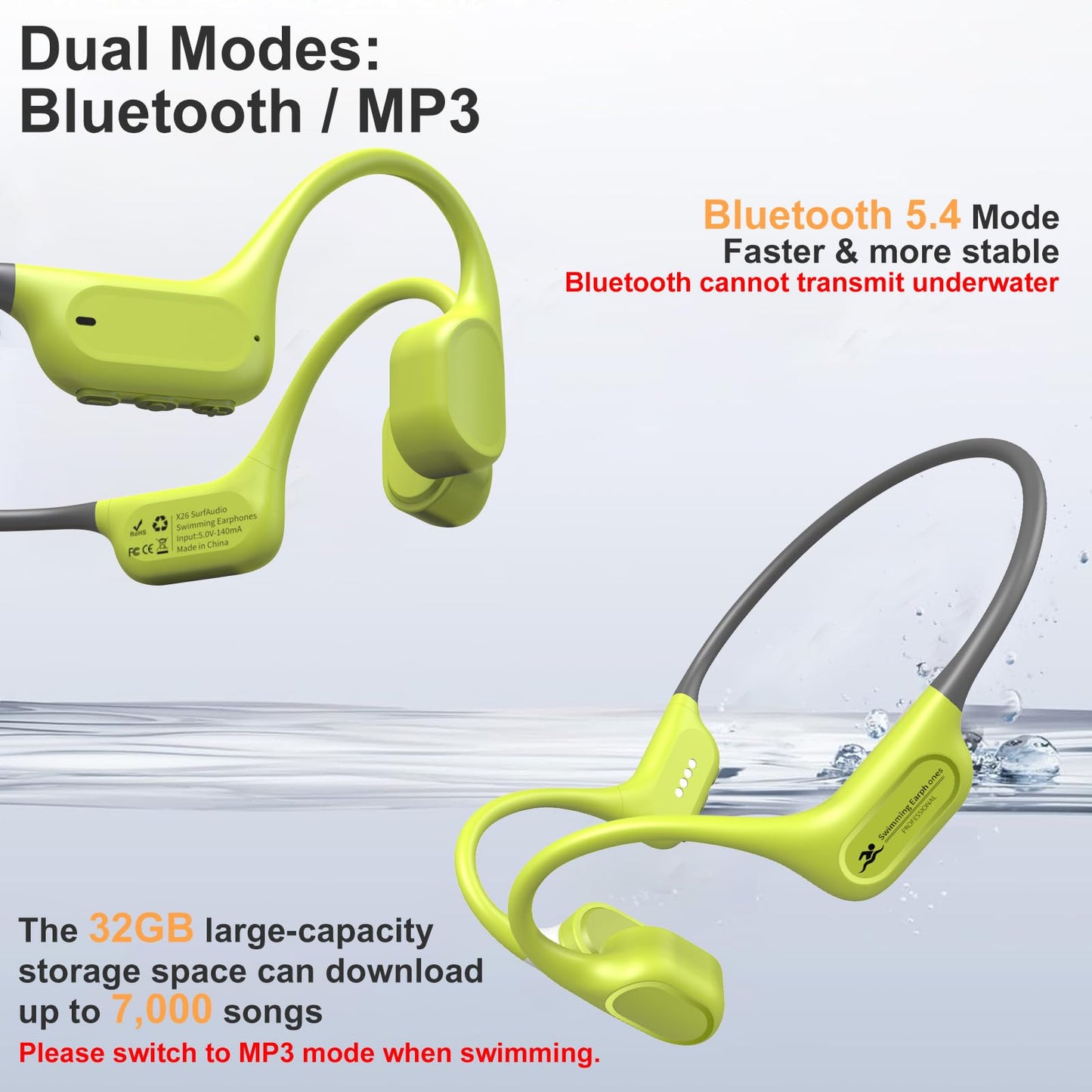 RR SPORTS Bone Conduction Bluetooth Headphones-SwimBeats,IP68 Waterproof Swimming Headphones with 32GB MP3 Player, Lightweight Open Ear Design