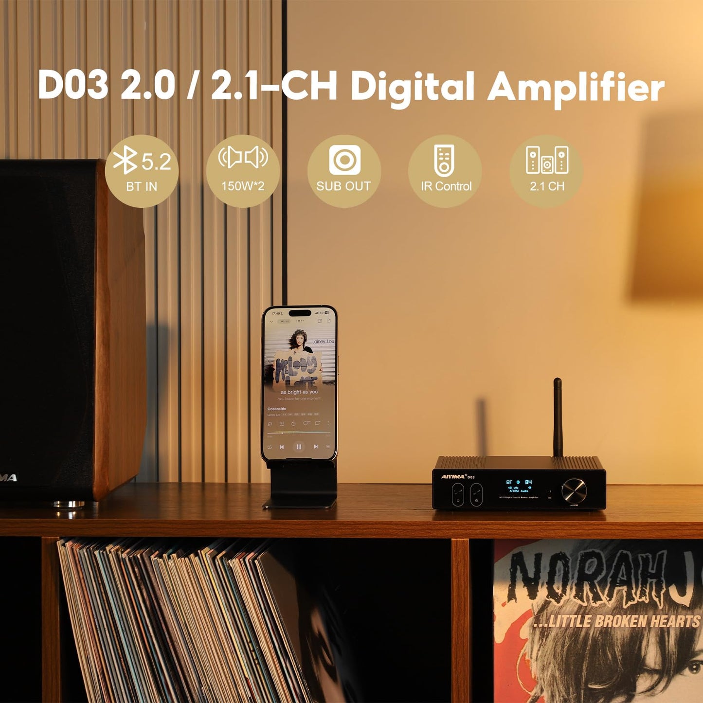 AIYIMA D03 Bluetooth 5.0 DAC Amplifier 150 Watt x 2 Stereo HiFi 2.1 CH Digital Sound Amplificador 24Bit/192kHz Class D Power Amp USB Coaxial Optical