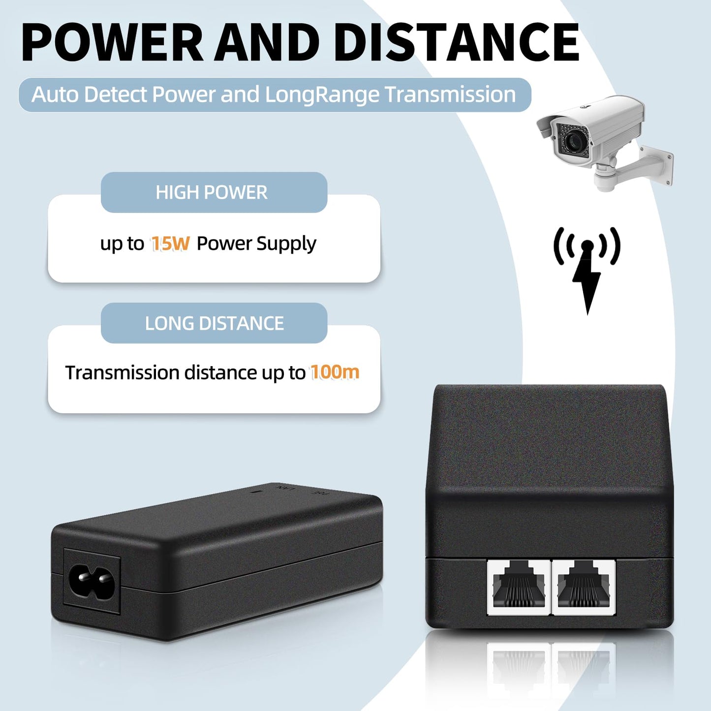PoE Injector Up to 15W Power Supply, Gigabit PoE Adapter for IP Cameras and VoIP Phones Network Distance Up to 328 ft. PoE Power Supply IEEE 802.3af