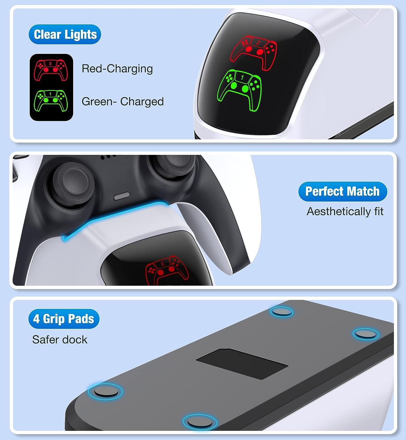 PS5 Controller Charging Station, PlayStation 5 Dualsense Charger Dock with Dual Stand, Upgrade PS5 Charger Accessory with Fast Charge Cable