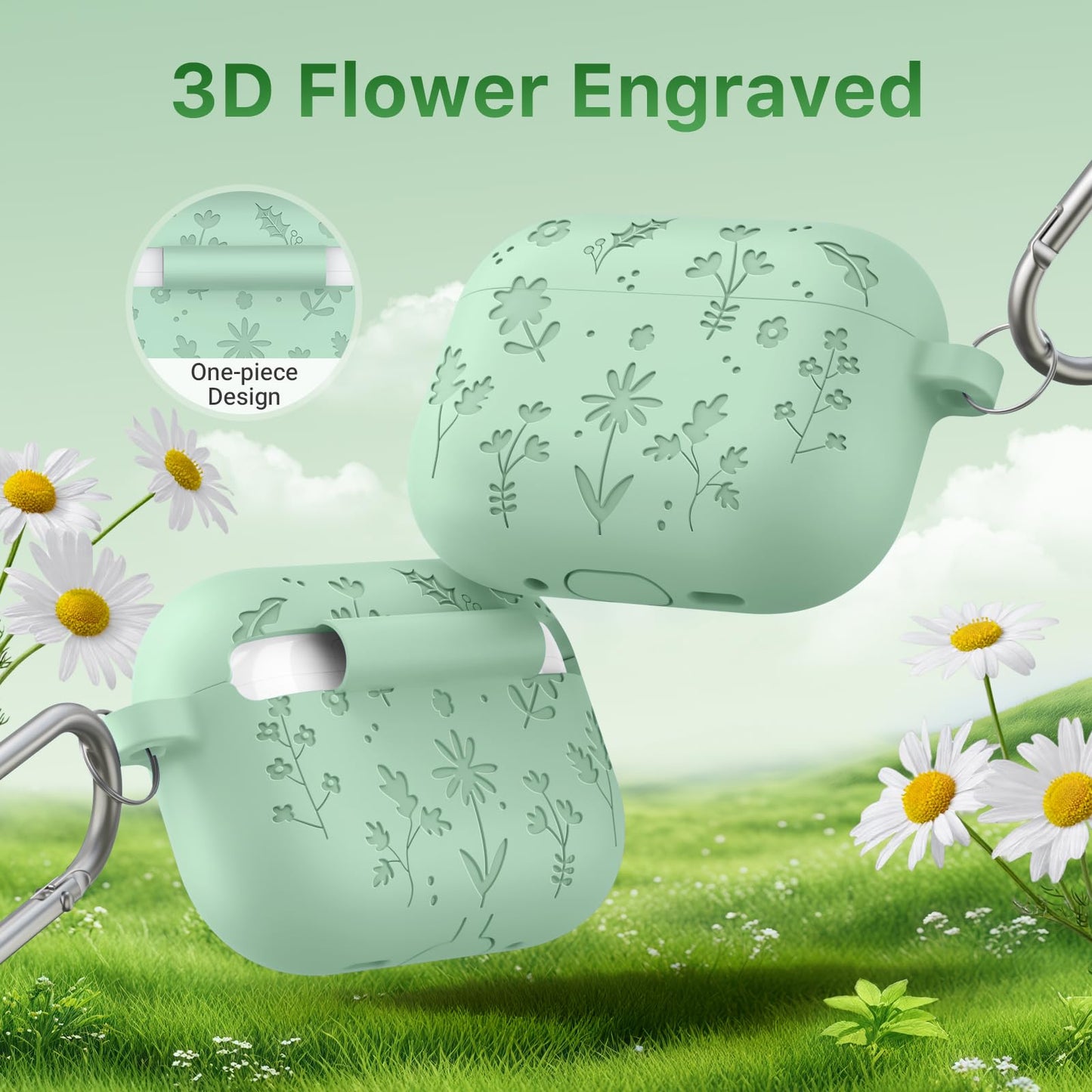 MoKo for AirPods Pro 3 Case Cover with Cleaner Kit, Cute Flower Engraved Case for Apple AirPods Pro 3rd Gen 2025, Silicone Protective Shockproof Cover