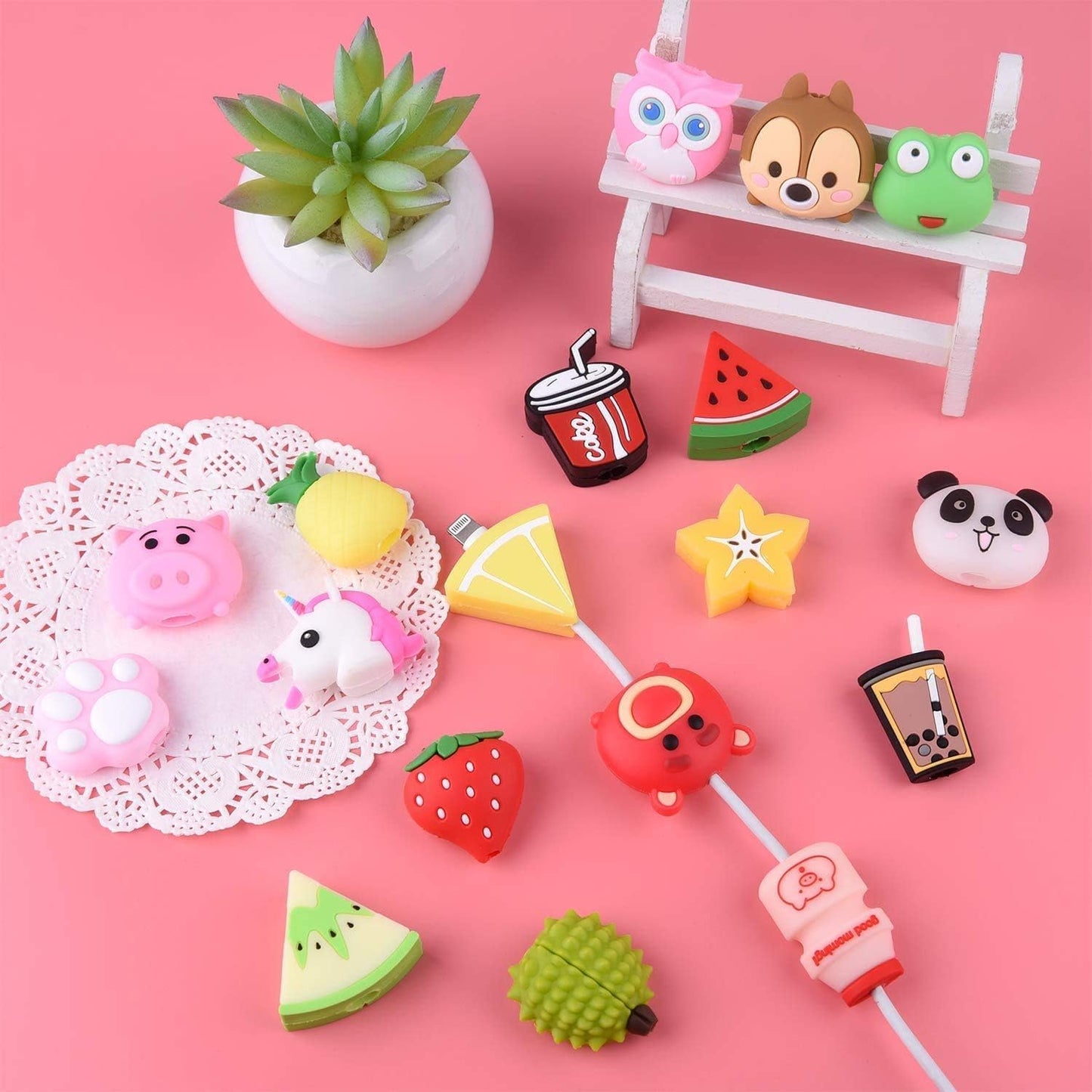 20 Pcs Cable Protector for iPhone/ipad USB Cable, Plastic Cable Protectors Cute Drink Fruit Dinosaur Animals Charging Cable Saver, Phone Accessory