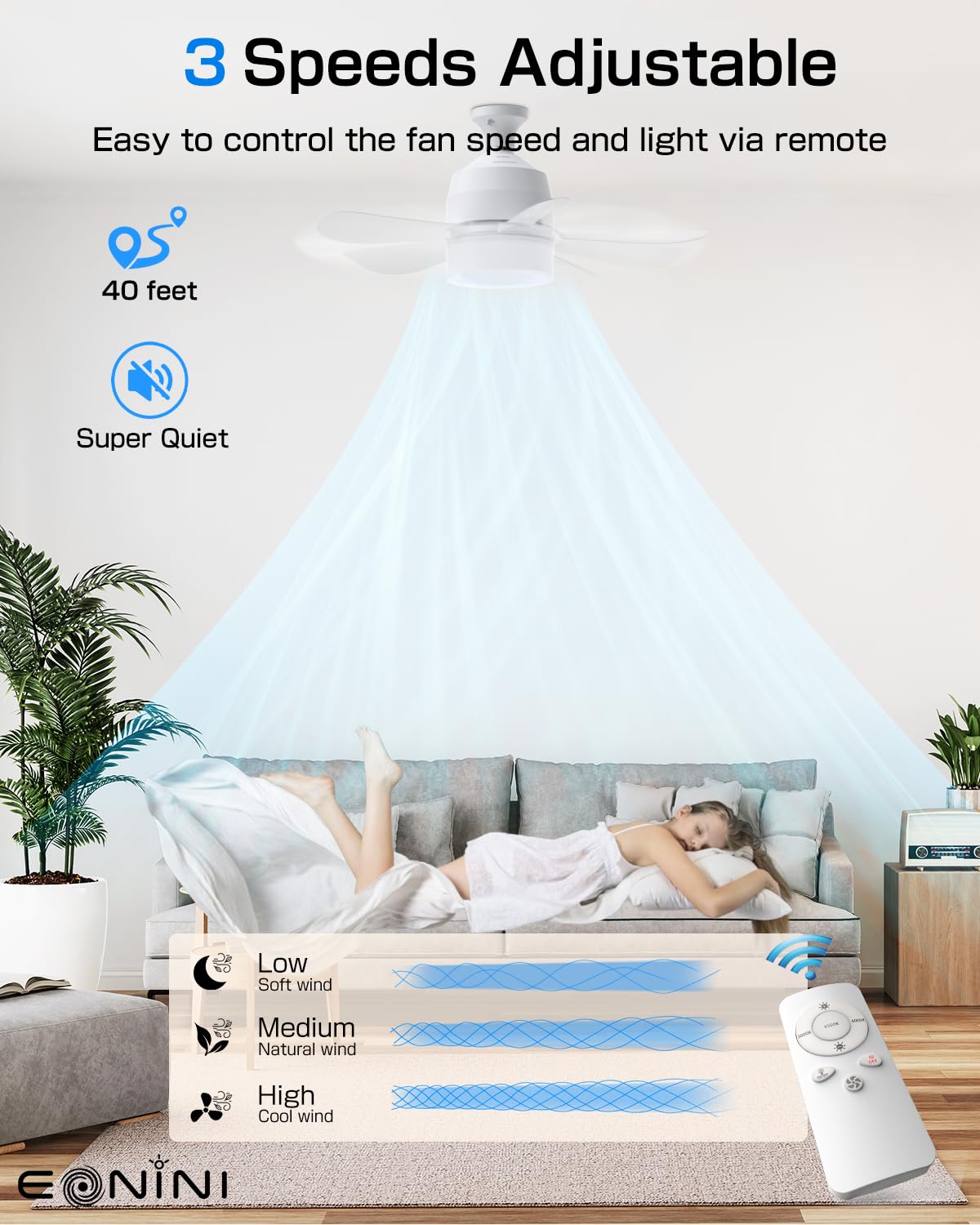 Eonini Socket Fan Light with Remote, 16" Ultra-Quiet 5-Blade Small Ceiling Fan with Light, 1000LM 3-Color Dimmable LED, 3 Speeds & 5 Brightness