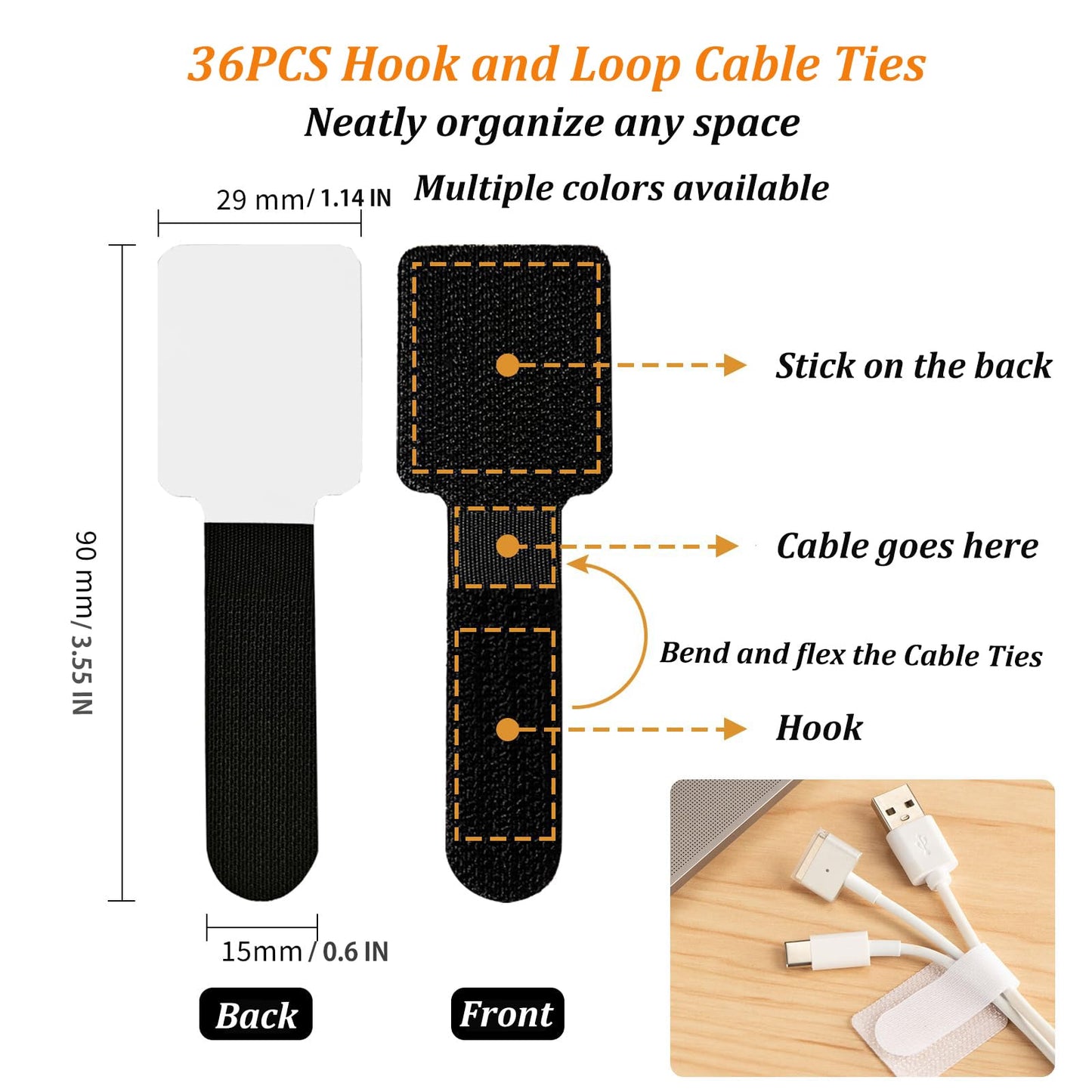 36PCS Cable Organizer Hook and Loop Cable Ties, Self Adhesive Hook and Loop Cable Straps Sticky-Back Cable Management Cord Organizer Cable Clip