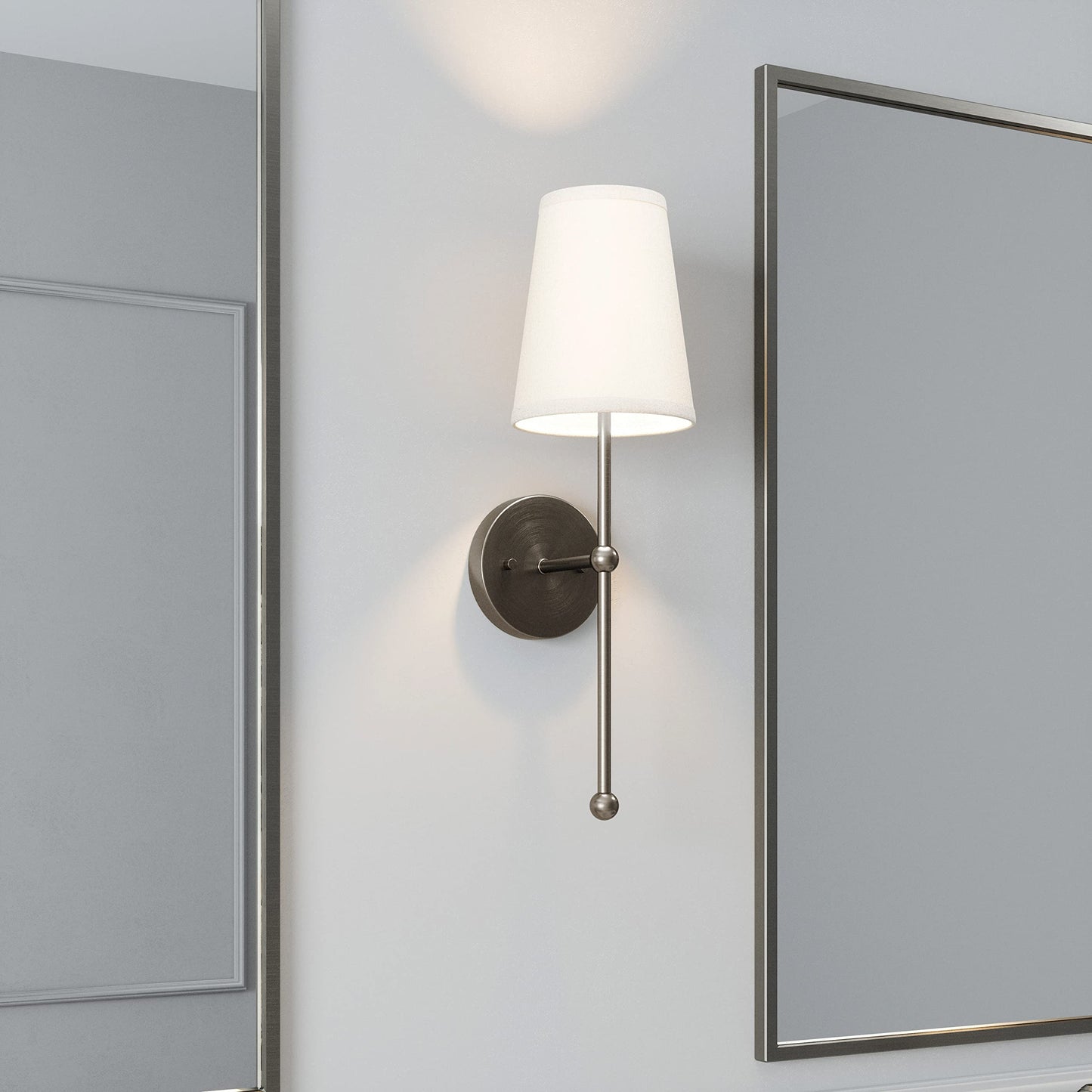 Brio Lighting Finley, 1-Light Wall Sconce with White Fabric Shade with Long Decorative Arm in Gold Brushed and Nickel Perfect for a Bedroom, Bathroom