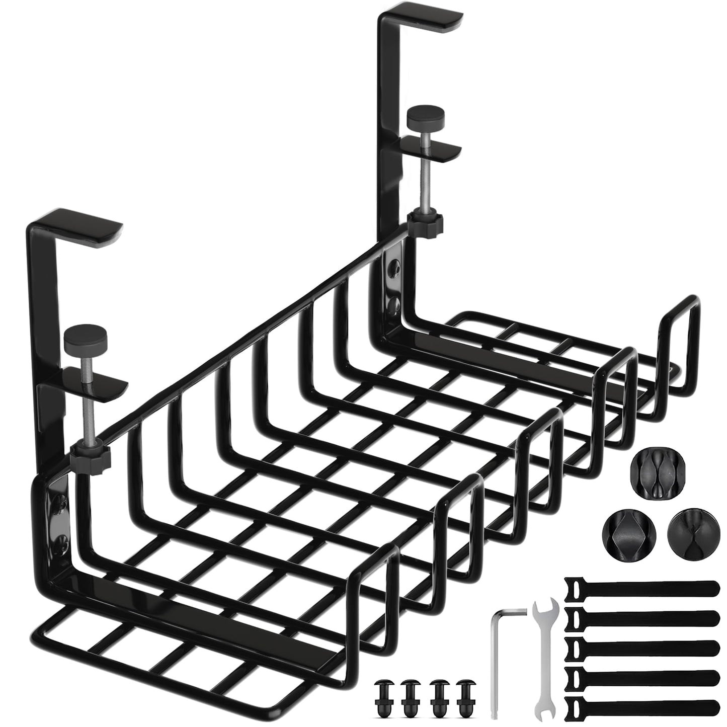 Under Desk Cable Management Tray, 16” No Drill Cord Organizer with Clamps for Wire Management, 4mm Sturdy Wire Desk Cable Organizer Tray, Cable