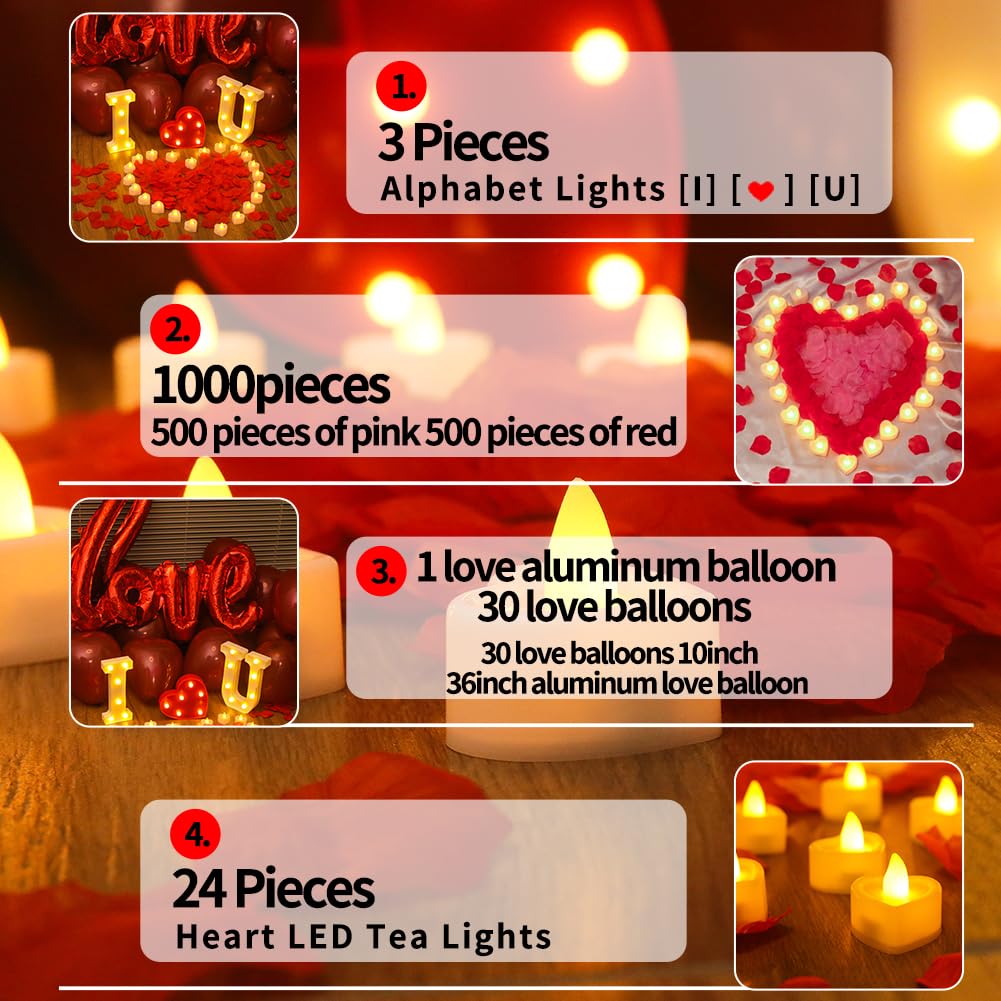 OUDE HOWER I Love U Light Letters Valentine Day Red Light Letters 24Pcs Flameless Candles 1000Pcs Fake Rose Petals 30Pcs Red Balloons 1Pcs Love
