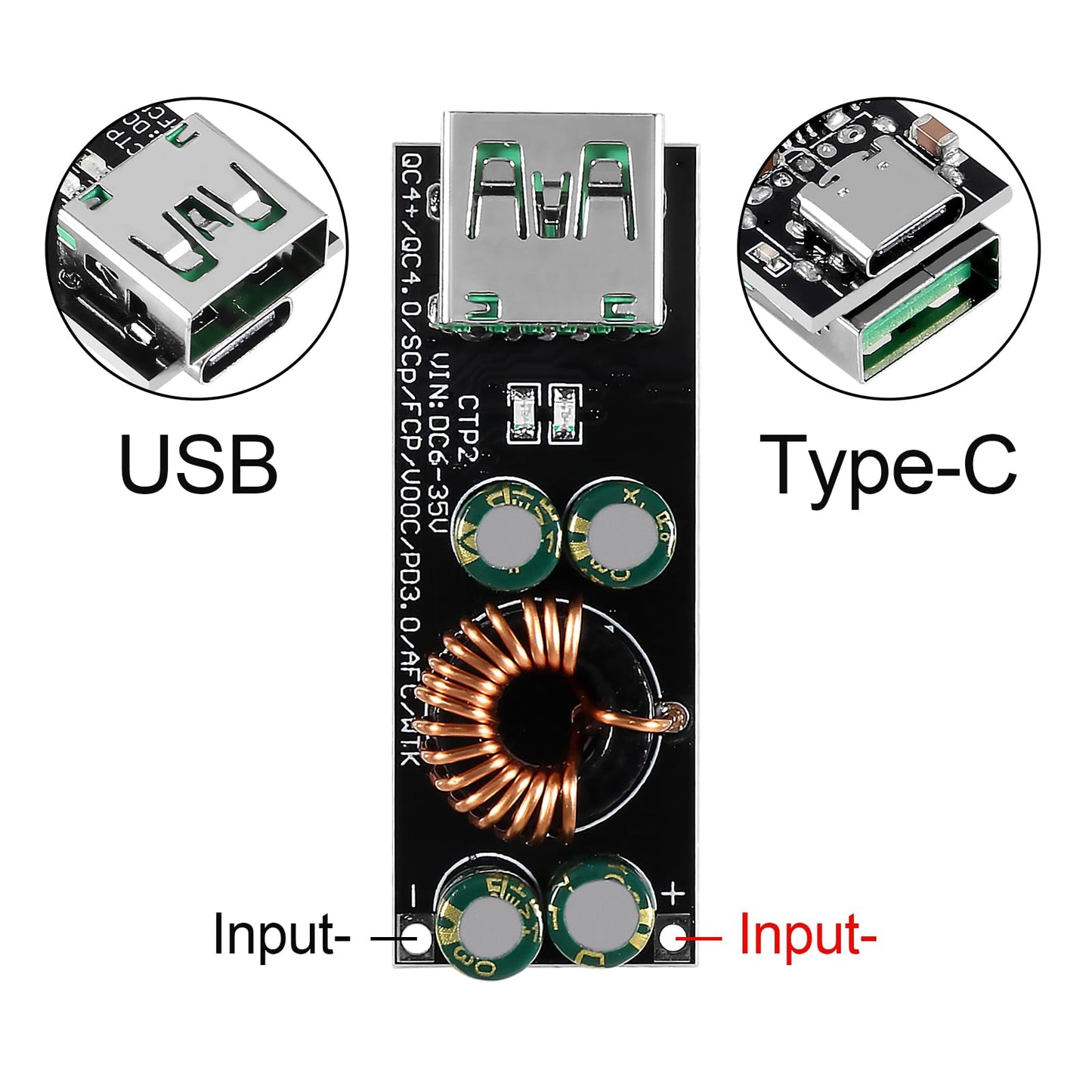 2PCS 60W 6-35V DC to USB Type C PD 3.0 QC4 Type A QC3.0 DC Fast Charge 12V 24V Step-Down Power Module USB Type-C Mobile Phone Quick Charge Adapter