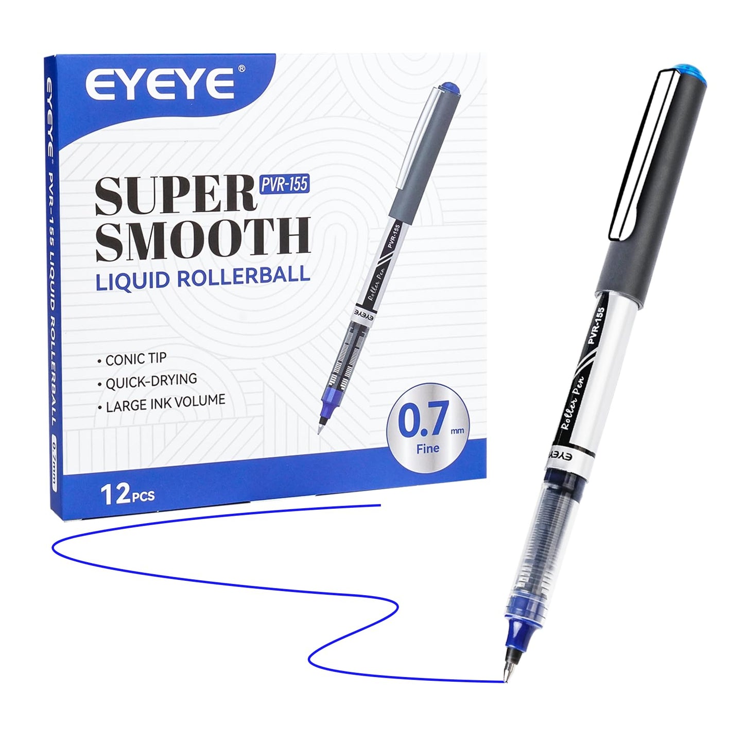 EYEYE 0.7mm Blue Pens Roller Ball, 12 Pack Medium Point Rollerball Pen Quick Dry, Liquid Ink Pens Fine Point Smooth Writing Pen for Journaling, Note