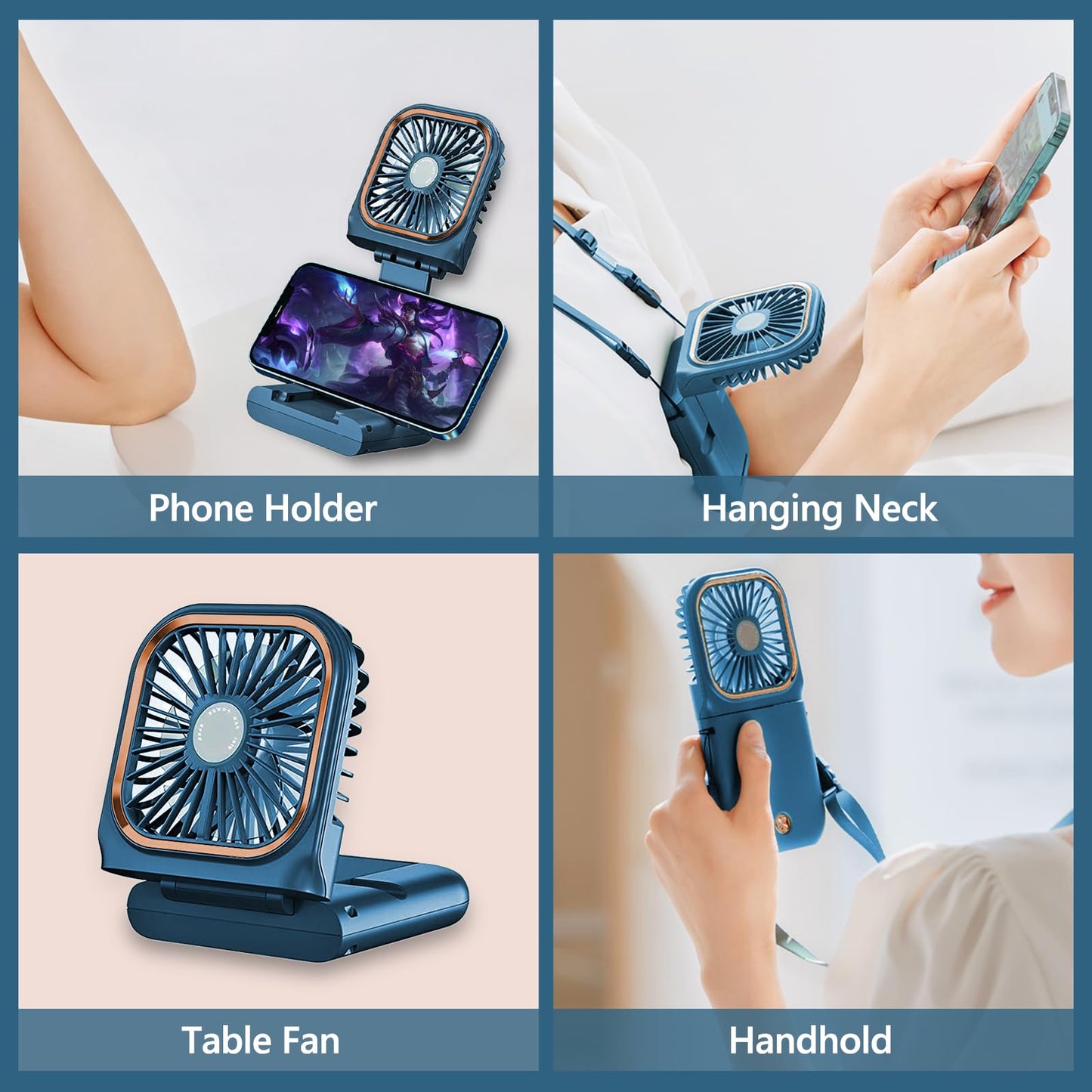 Portable Handheld Fan with Phone Holder, 3000mAh Power Supply Rechargeable Neck Fan with USB Output, Foldable Small Fan 0-180° Adjustable, Ultra Quiet