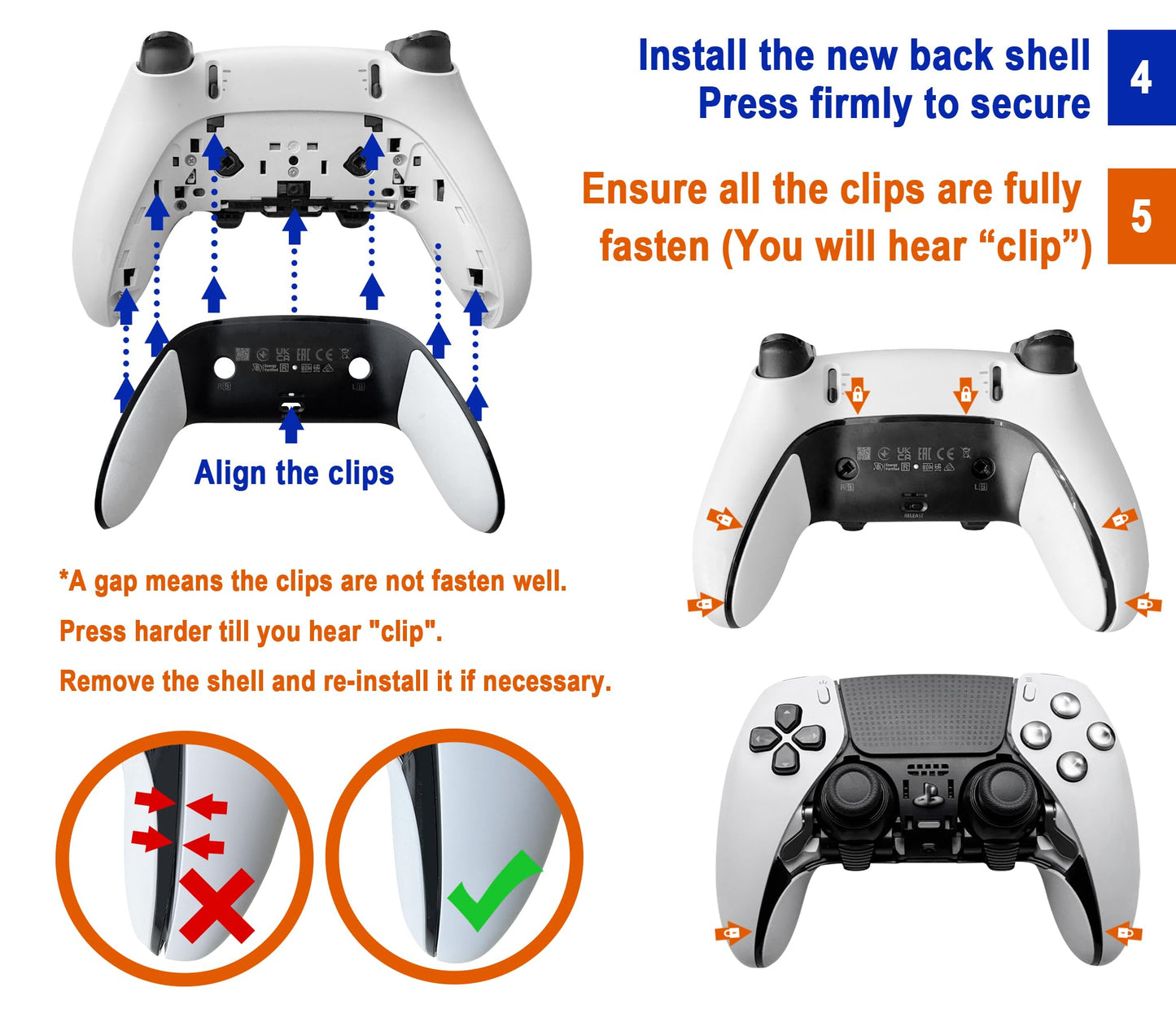 Repair Back Cover for PS5 DualSense Edge Controller, Replacement Shell with Soft Rubber Grip, Snap-On Design to Fix Peeling & Yellowing, White, 1 PCS