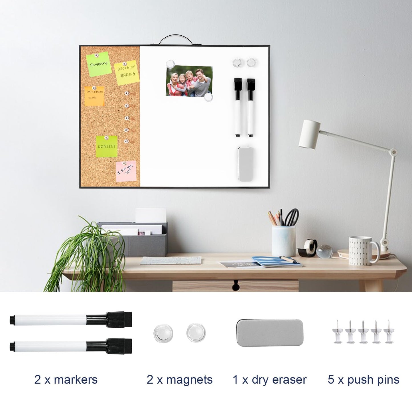 Small Cork Board Whiteboard Combo - 12" X 16" Portable Aluminum Black Framed Magnetic Dry Erase Board for Wall, Mini Bulletin CorkBoard with a Handle