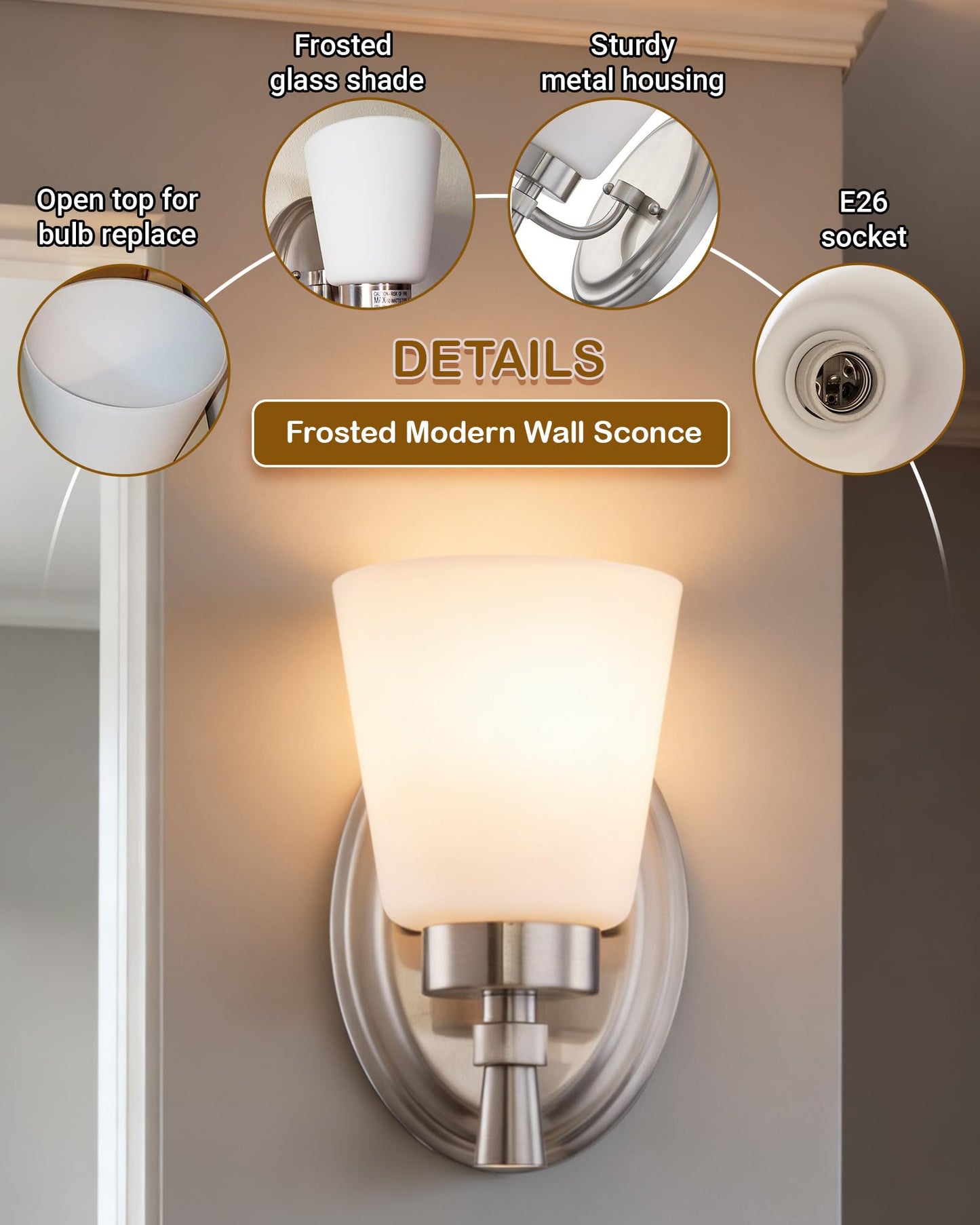 GRUENLICH Wall Sconces for Bathroom, Brushed Nickel Vanity Light Fixture Over Mirror, Single Hardwired Sconce with Frosted Glass Shades for Bedroom