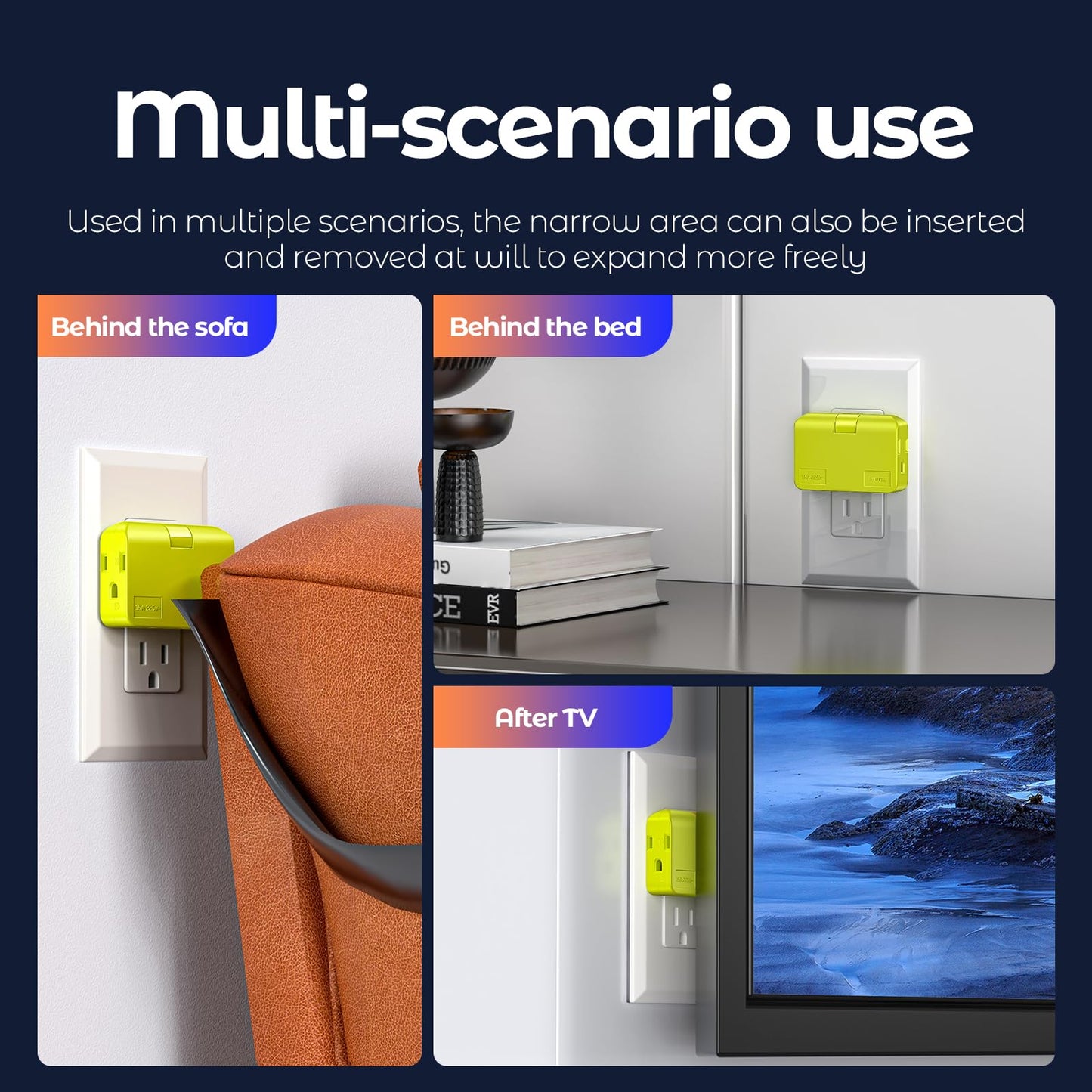 2 Pack Plug Splitter - 3 Prong Wall Adapter with 2 to 3 Prong Outlet Converter, Safe & Space-Saving Plug Extender, Yellow