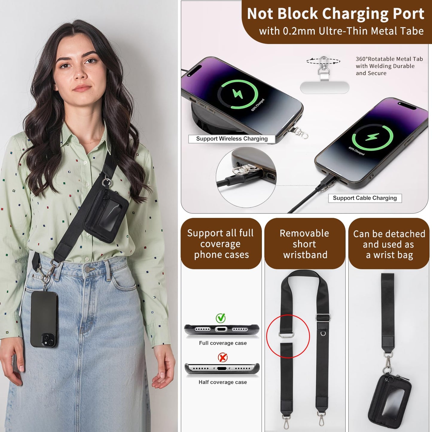 RsAingT Wristlet Wallets Keychain for Women, Clip and Go Strap for Phone with Clear ID Window Zipper Coin Purse(Black)