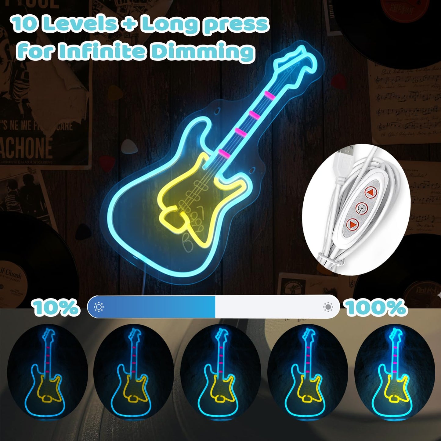 Electic Guitar Neon Light, Guitar Neon Sign, LED Wall Decor with USB Powered (6.5ft cable), Dimmable Light Guitar Gifts Aesthetic Decor for Man Cave