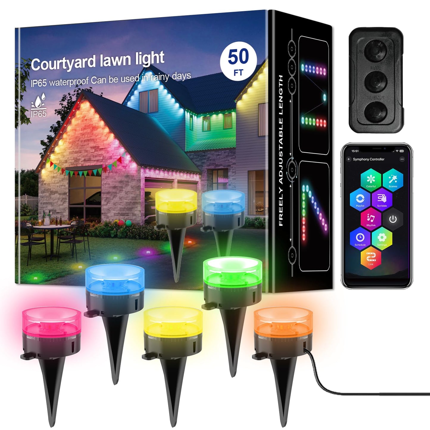 LIDORE Smart Outdoor Ground Lights, 50FT RGBCW Color Changing LED Pathway Light with 15 Lamps, App Remote Control Landscape Lighting, Bluetooth Lawn