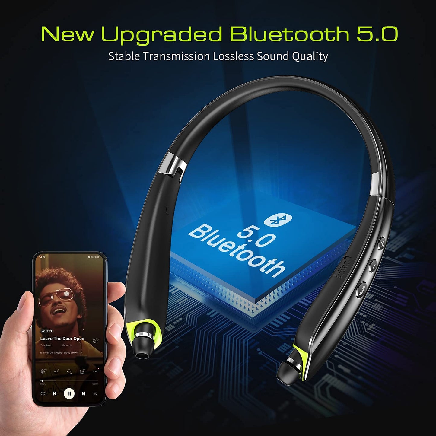 Bluetooth Headset, 2026 Upgraded Neckband Bluetooth Headphones with Retractable Earbuds, Noise Cancelling Stereo Earphones with Mic, Foldable Wireless