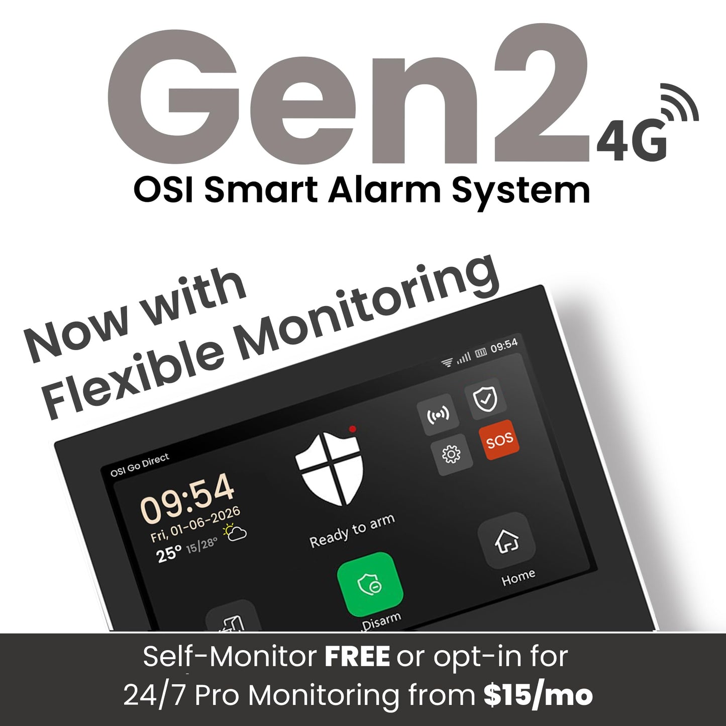 OSI Alarm System Gen 2 (4G), 11pc, DIY, Motion & Entry Sensors, Wireless Siren, Remotes, App & Alexa Compatible Self Monitor(No Monthly Fees) or 24/7