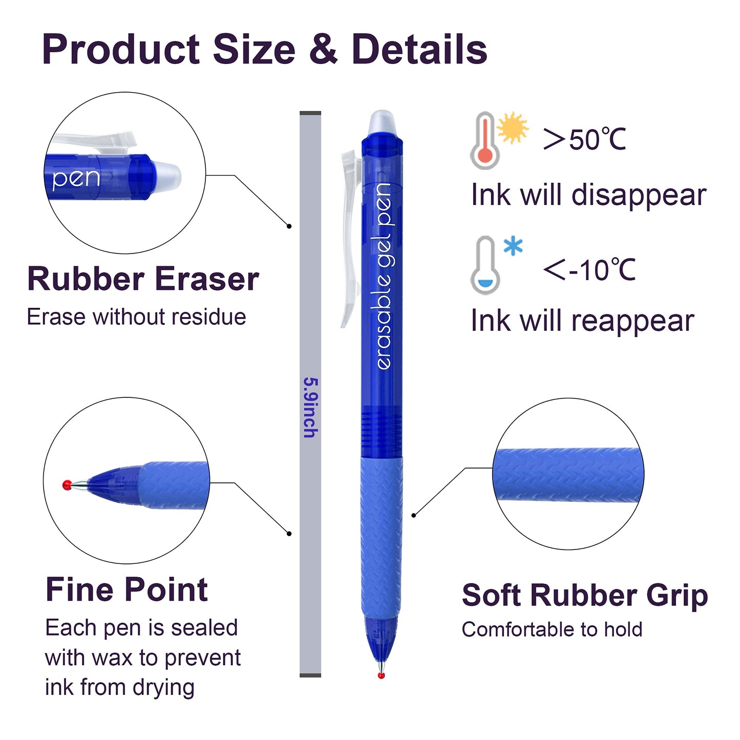 Lineon Erasable Gel Pens, 15 Pack Blue Retractable Erasable Pens Clicker, Fine Point, Make Mistakes Disappear, Blue Ink for School & Office