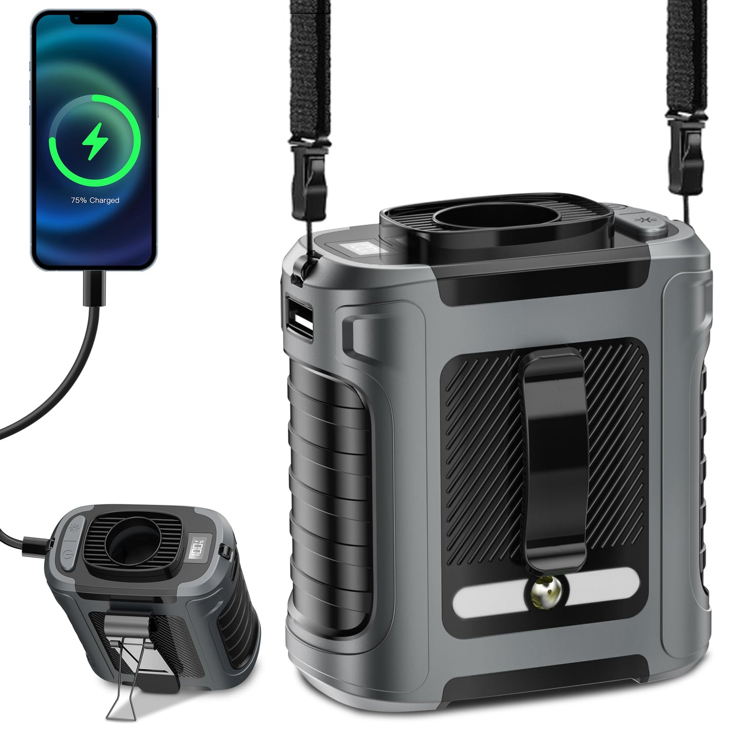 Portable Waist Fan, 5 Speeds 20000RPM Strong Airflow, 10000mAh Battery Powered, with Display, Flashlight, Hands-Free Hanging Neck Fan, Clip on
